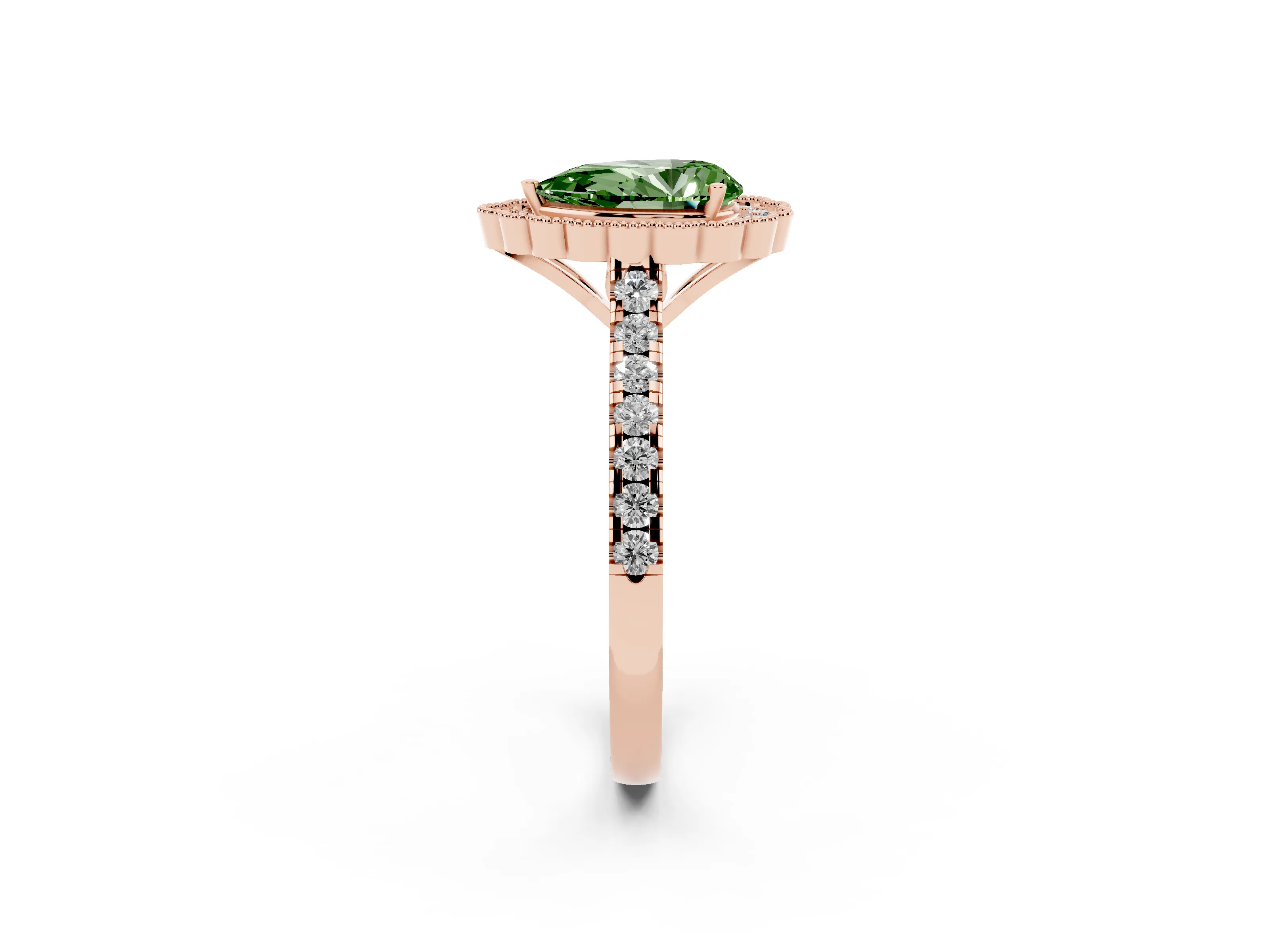 Fancy Green Pear Cut Diamond Milgrain Floral Halo Engagement Ring Set in Rose gold with Pavé Band