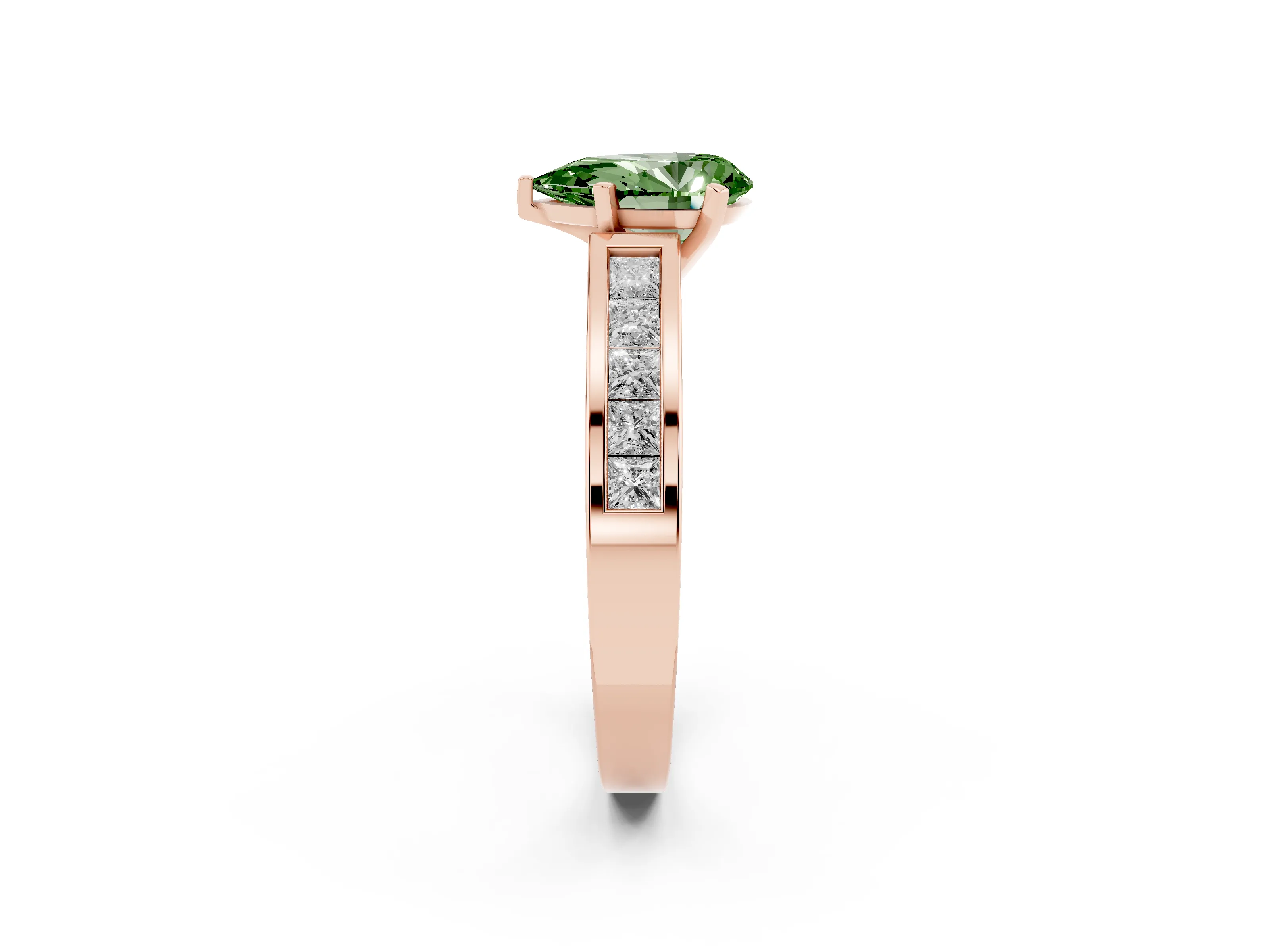 Fancy Green Pear Cut Diamond Solitaire Ring Set in Rose gold with Channel-Set Band and Prong Setting