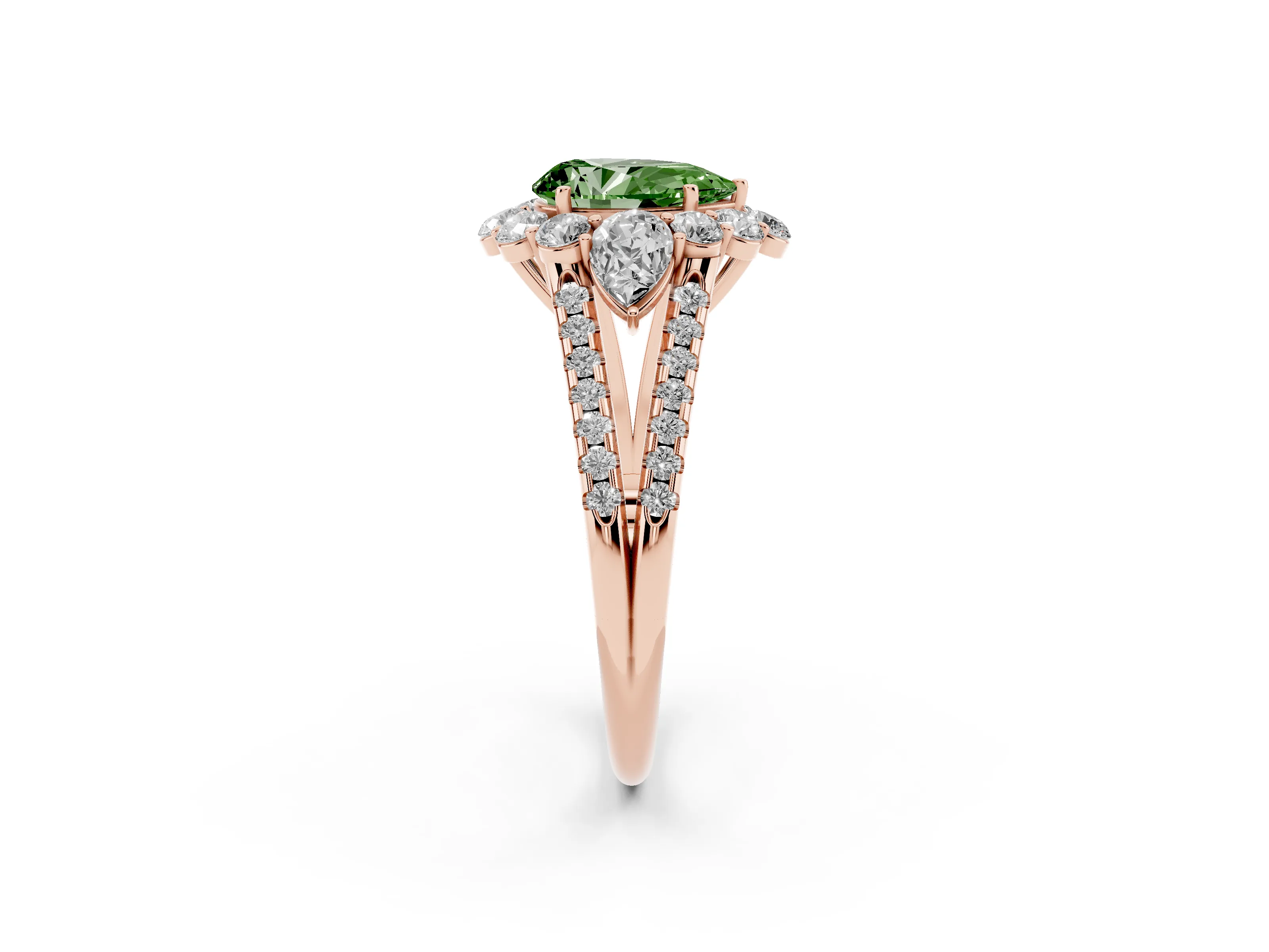 Fancy Green Pear Cut Diamond Halo Split Shank Engagement Ring Set in Rose gold with Prong-Held Center Stone