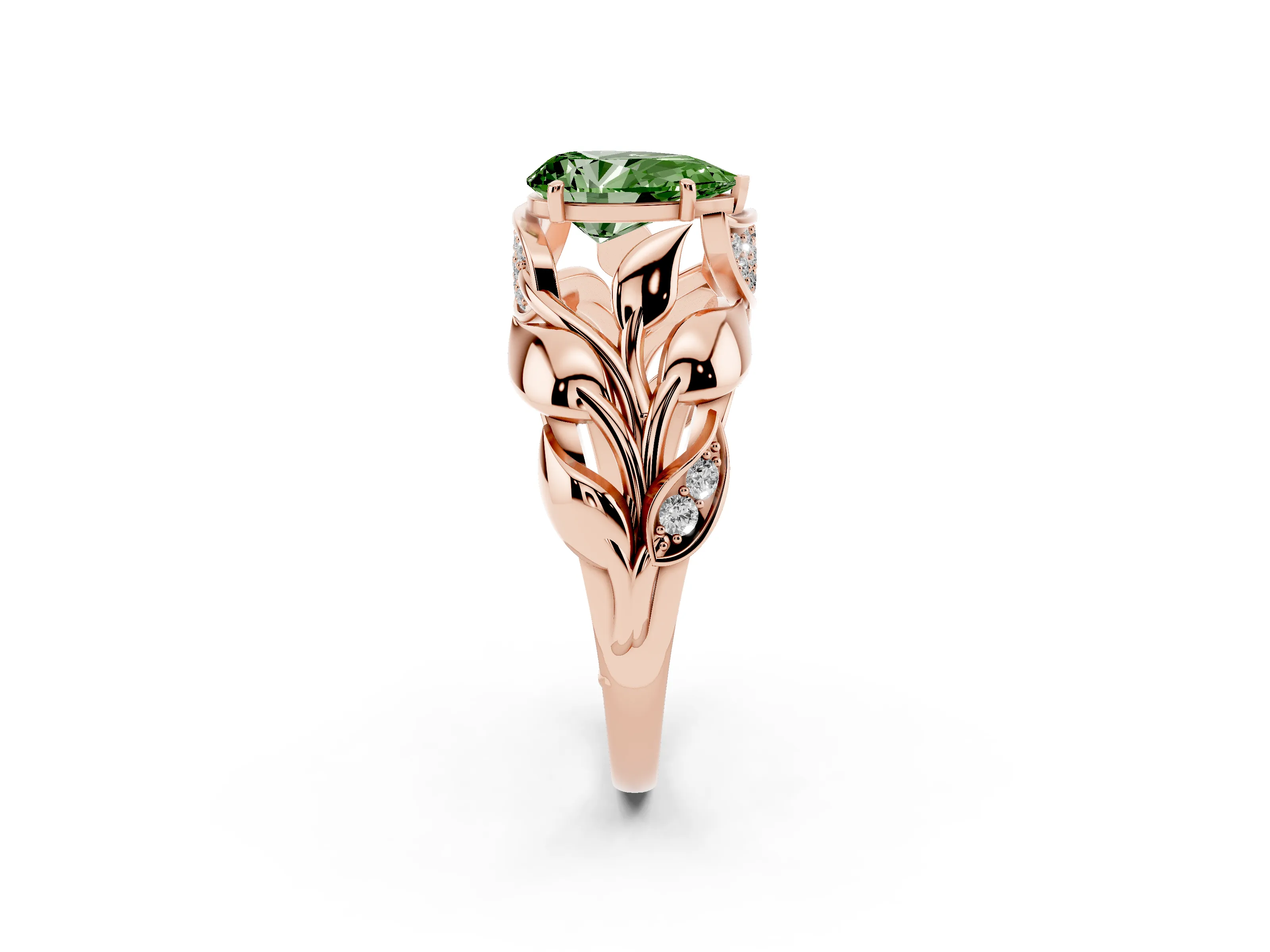 Fancy Green Pear Cut Diamond Leaf-Inspired Engagement Ring Set in Rose gold with Round Accents