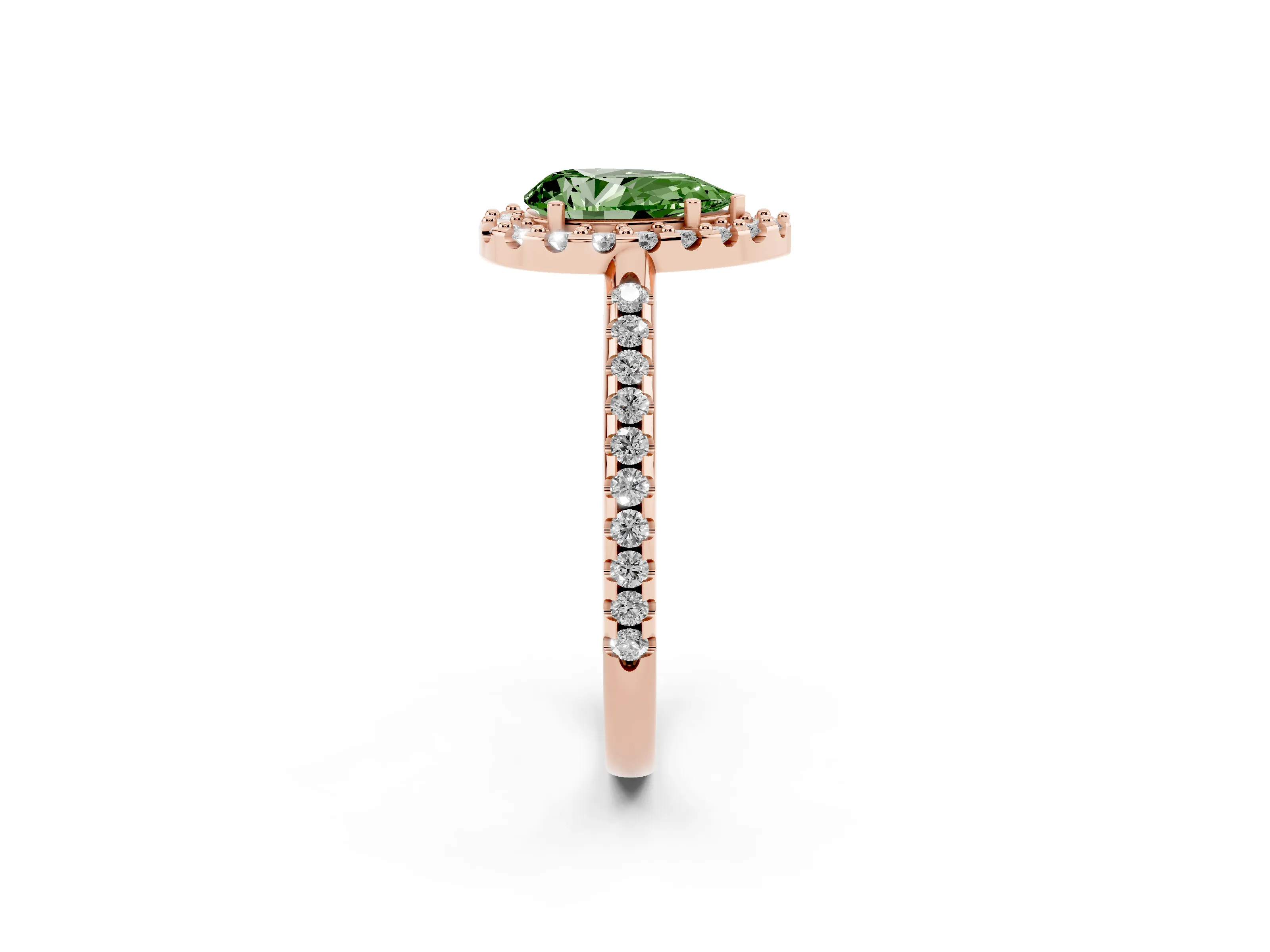Fancy Green Pear Cut Diamond Pavé Halo Ring Set in Rose gold with Prong Setting