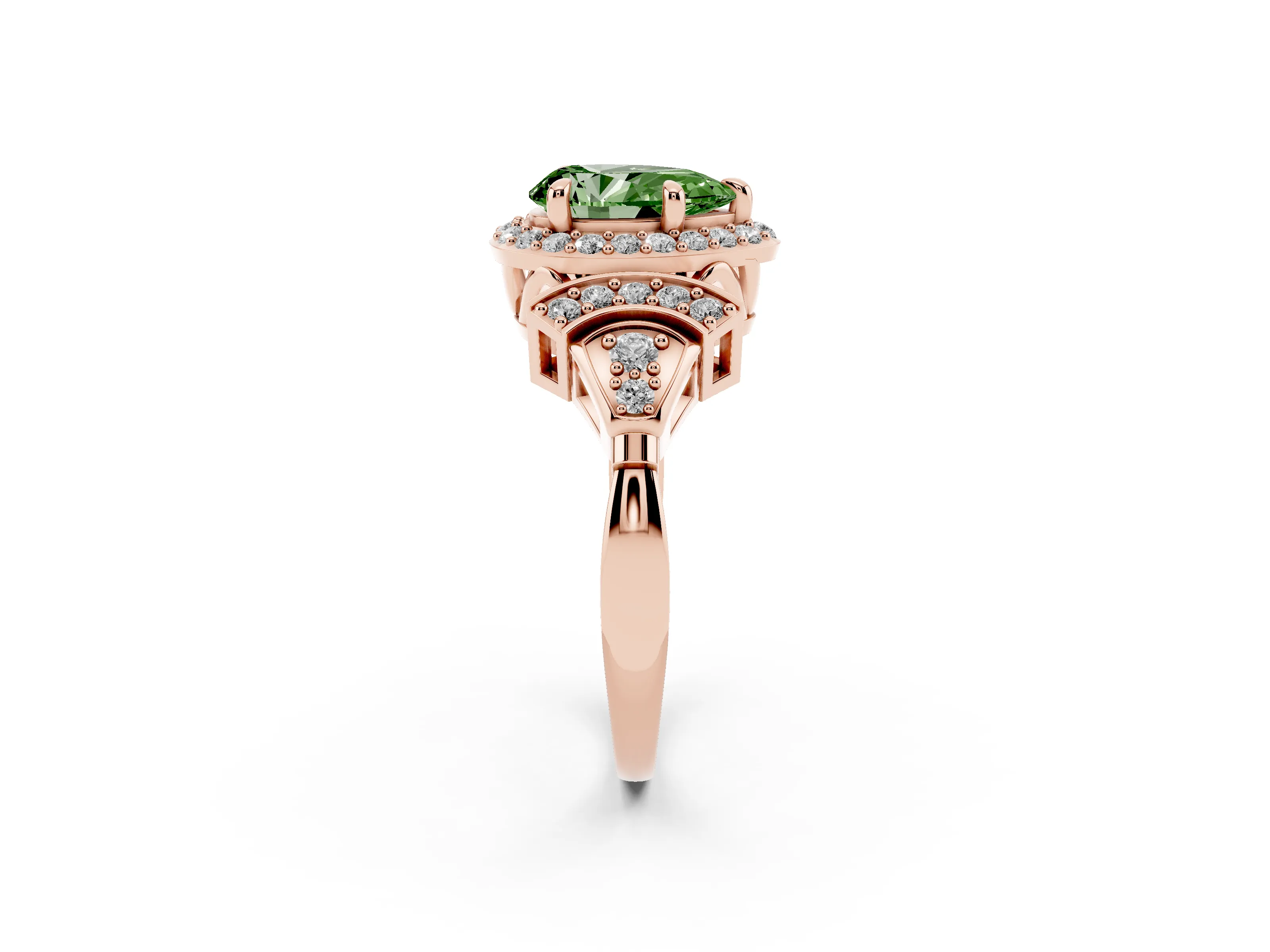 Fancy Green Pear Cut Diamond Halo Engagement Ring Set in Rose gold with Accent Stone Split Shank