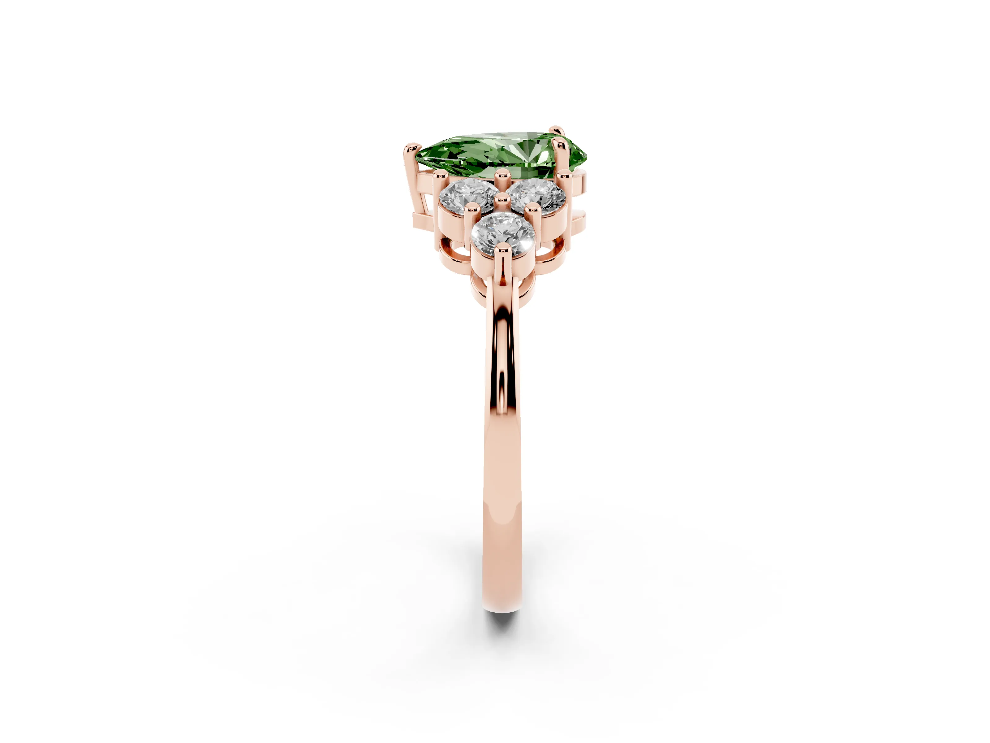 Fancy Green Pear Cut Diamond Solitaire Ring Set in Rose gold with Cluster Accents on Each Side