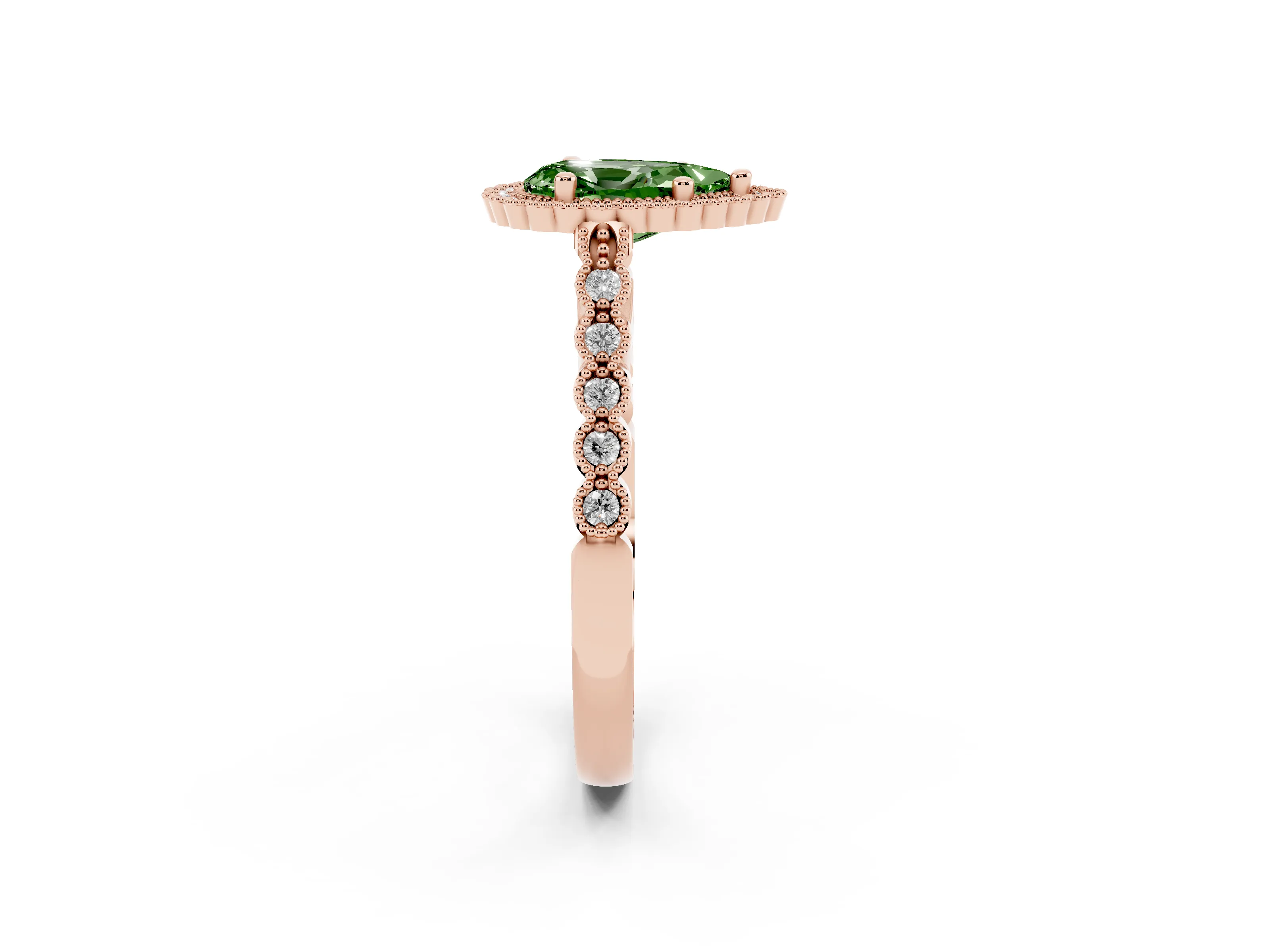 Fancy Green Pear Cut Diamond Halo Ring Set in Rose gold with Pavé Milgrain Band