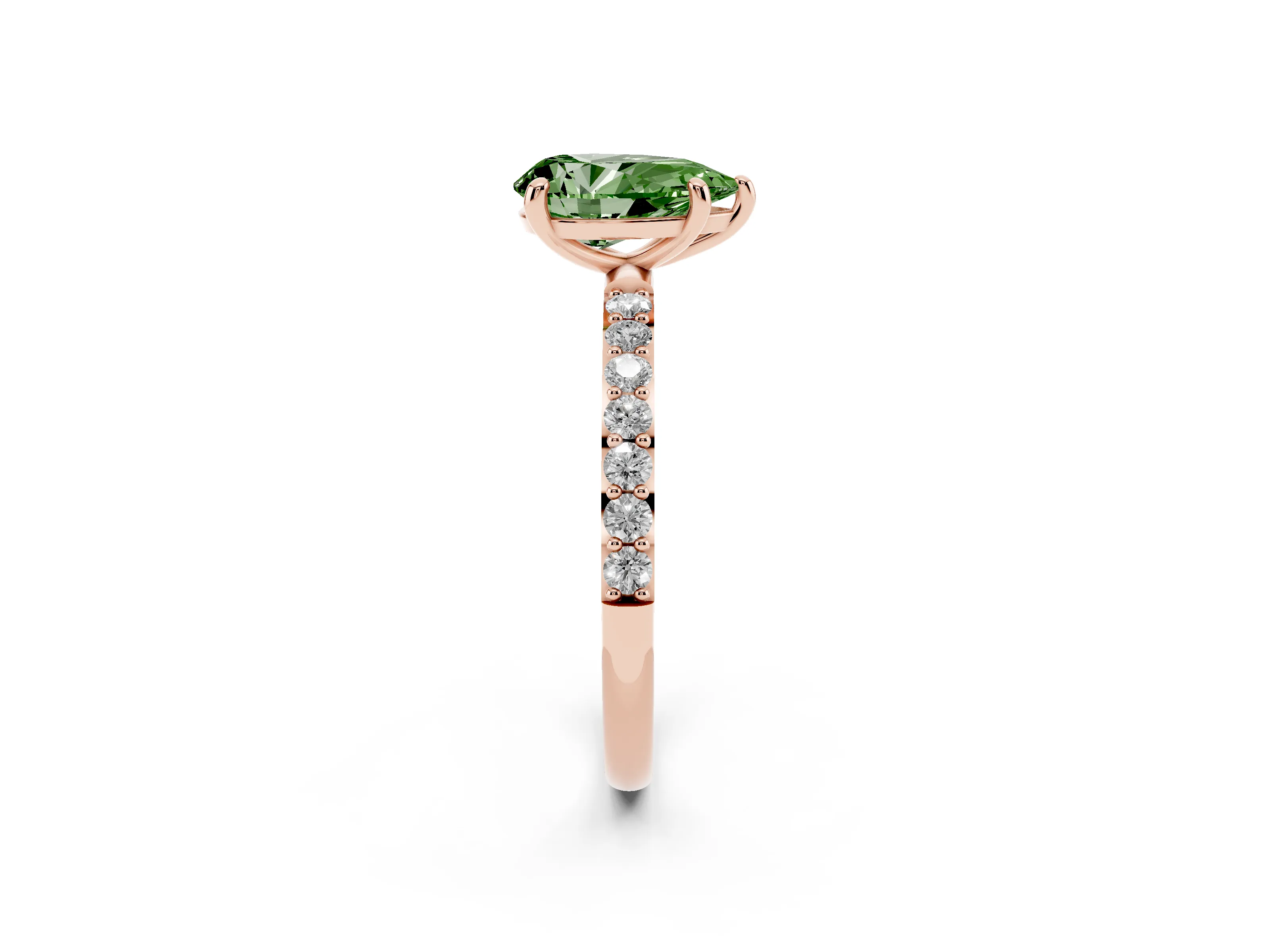 Fancy Green Pear Cut Diamond Solitaire Ring Set in Rose gold with Round Pavé Band and Prong Setting