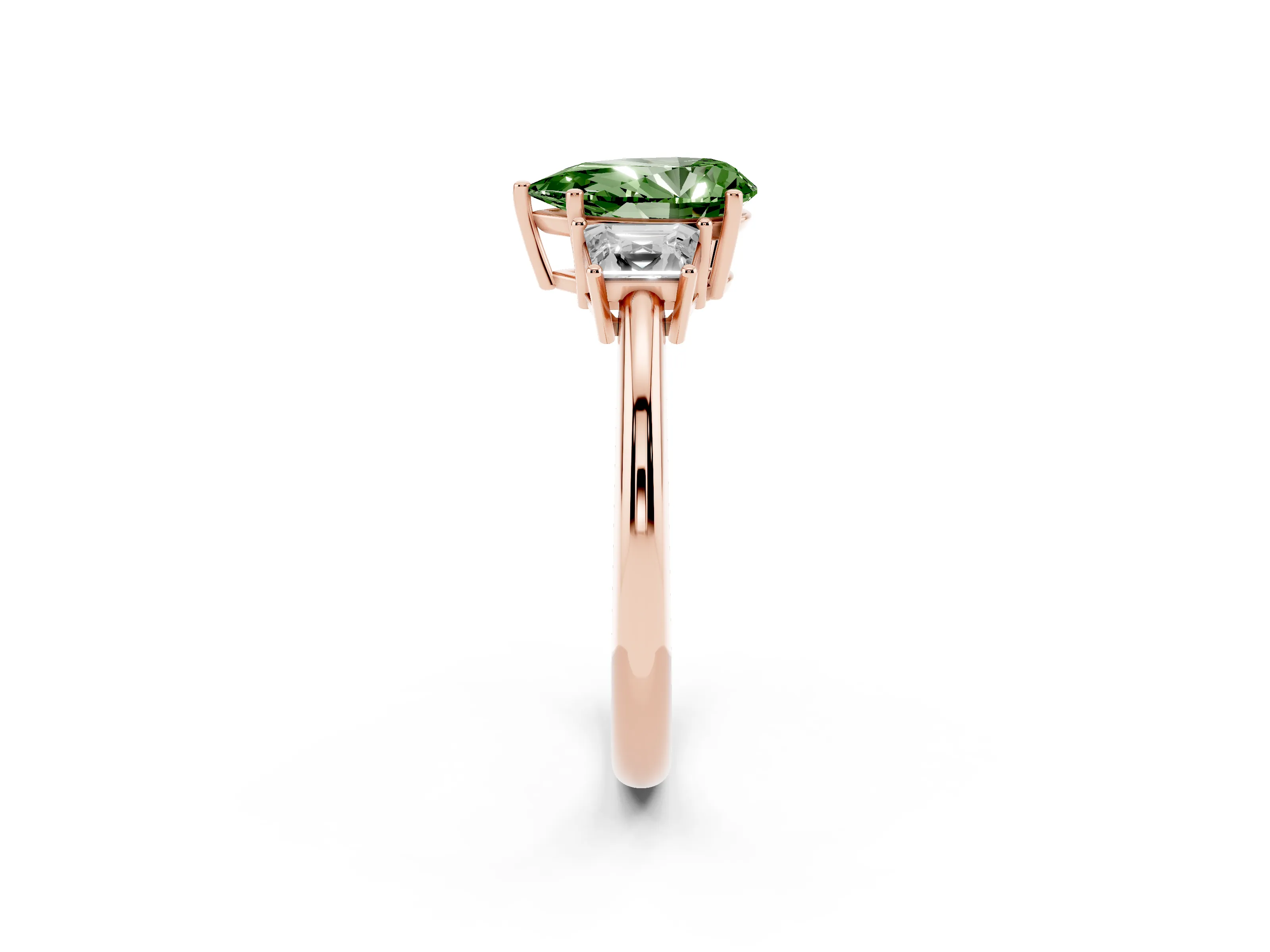 Fancy Green Pear Cut Diamond Three-Stone Ring Set in Rose gold with Trapezoid Side Stones and Prong Setting