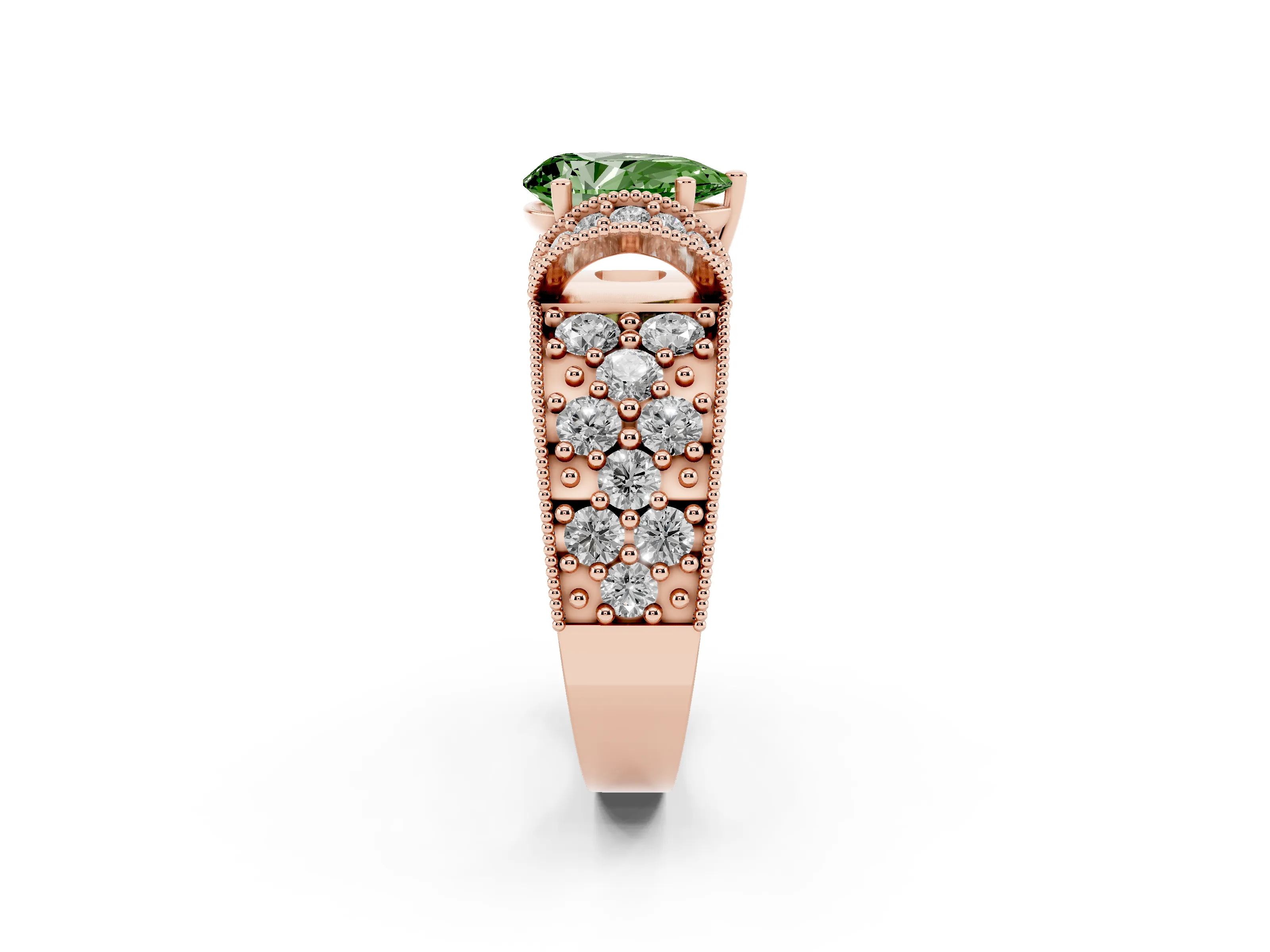 Fancy Green Pear Cut Diamond Milgrain Halo Pavé Engagement Ring Set in Rose gold with Prong Setting
