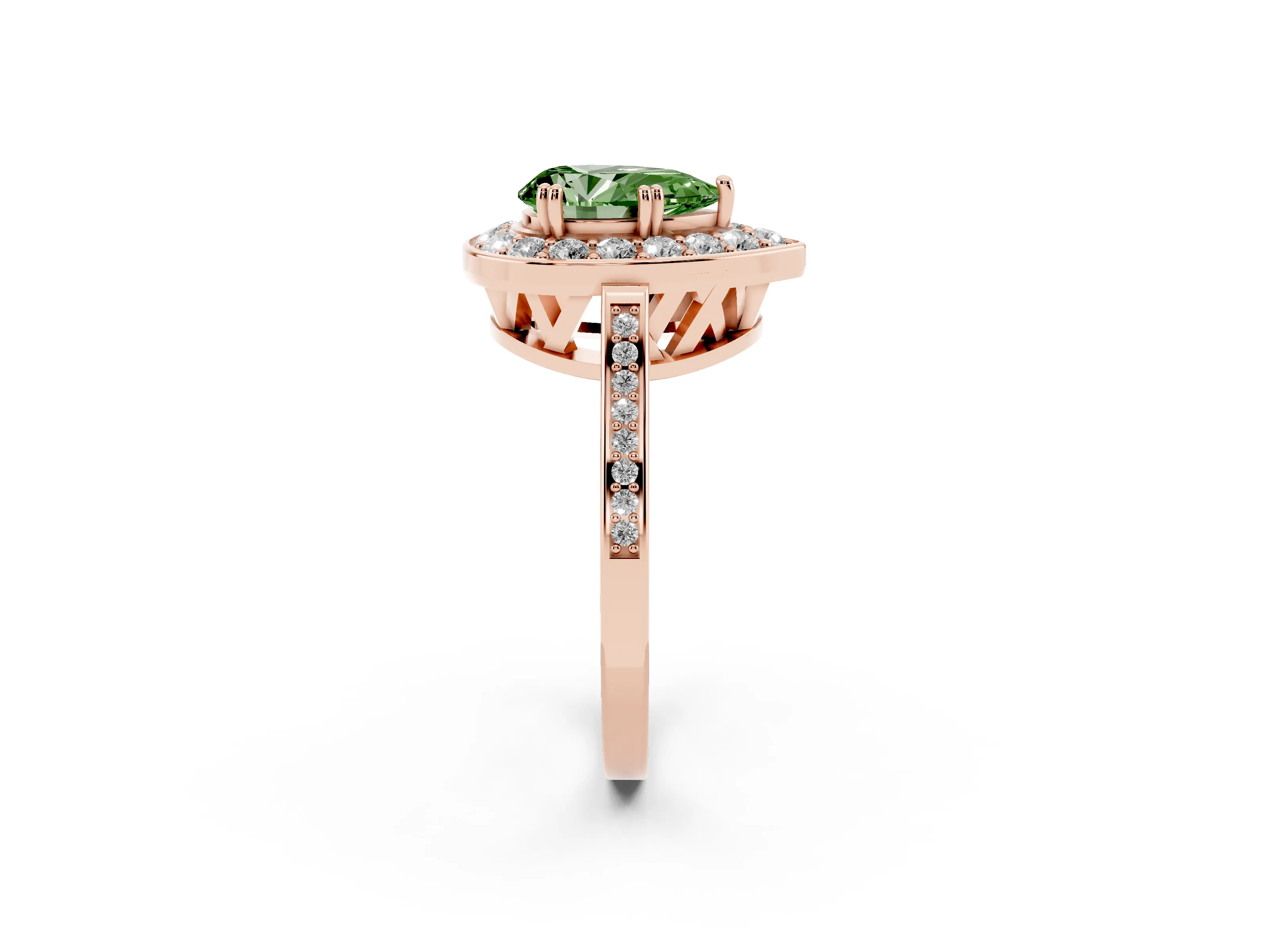 Fancy Green Pear Cut Diamond Halo Ring Set in Rose gold with Accent-Lined Split Shank and Prong Setting
