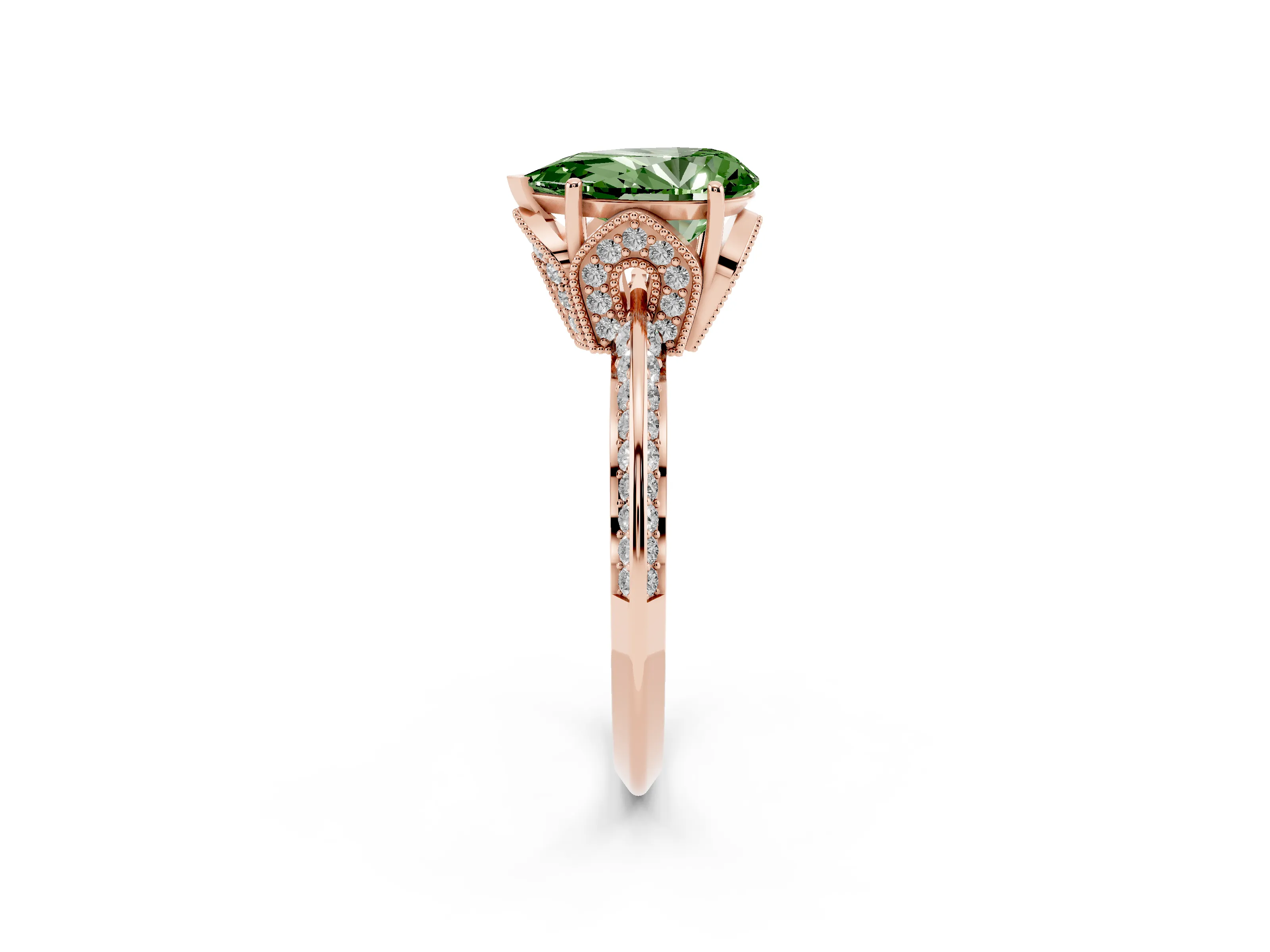 Fancy Green Pear Cut Diamond Solitaire Engagement Ring Set in Rose gold with Pavé Split Shank and Prong Setting