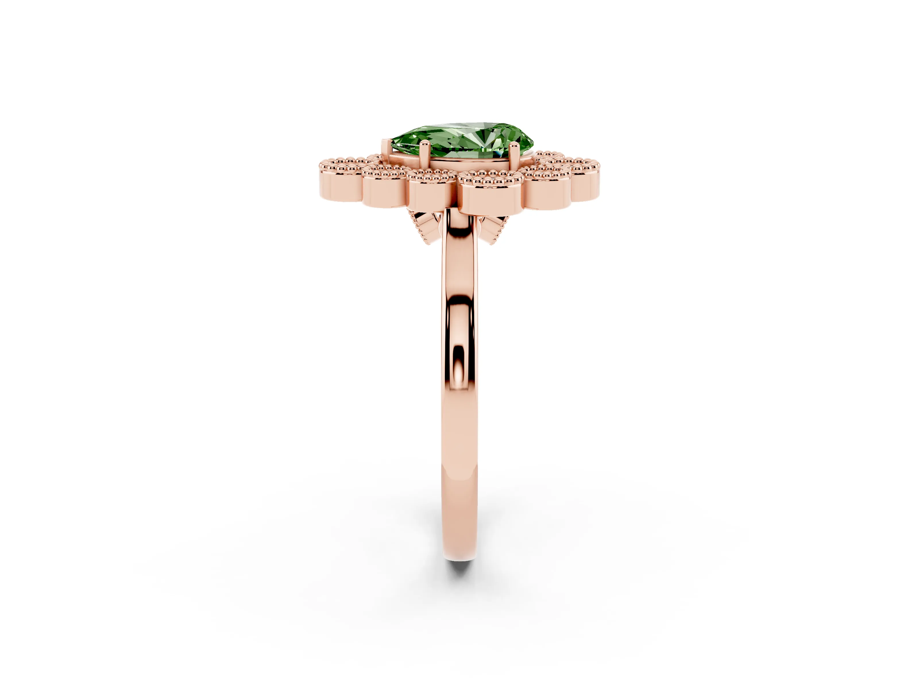 Fancy Green Pear Cut Diamond Cluster Halo Ring Set in Rose gold with Milgrain Bezel Accents and Plain Band