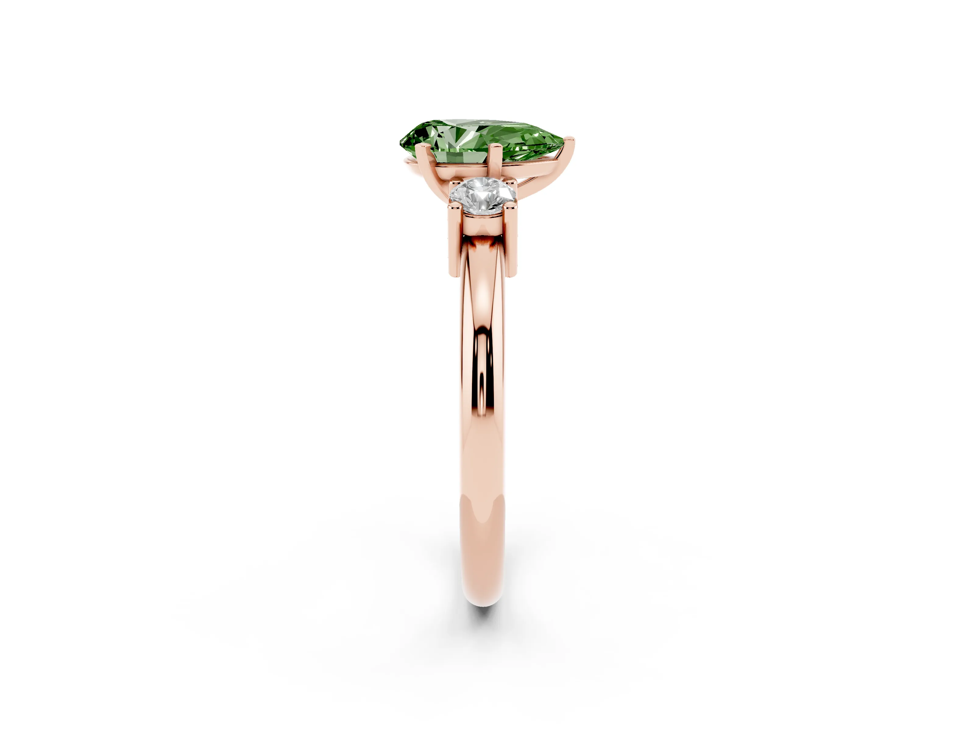 Fancy Green Three-Stone Pear Cut Diamond Ring Set in Rose gold with Prong Setting and Plain Band