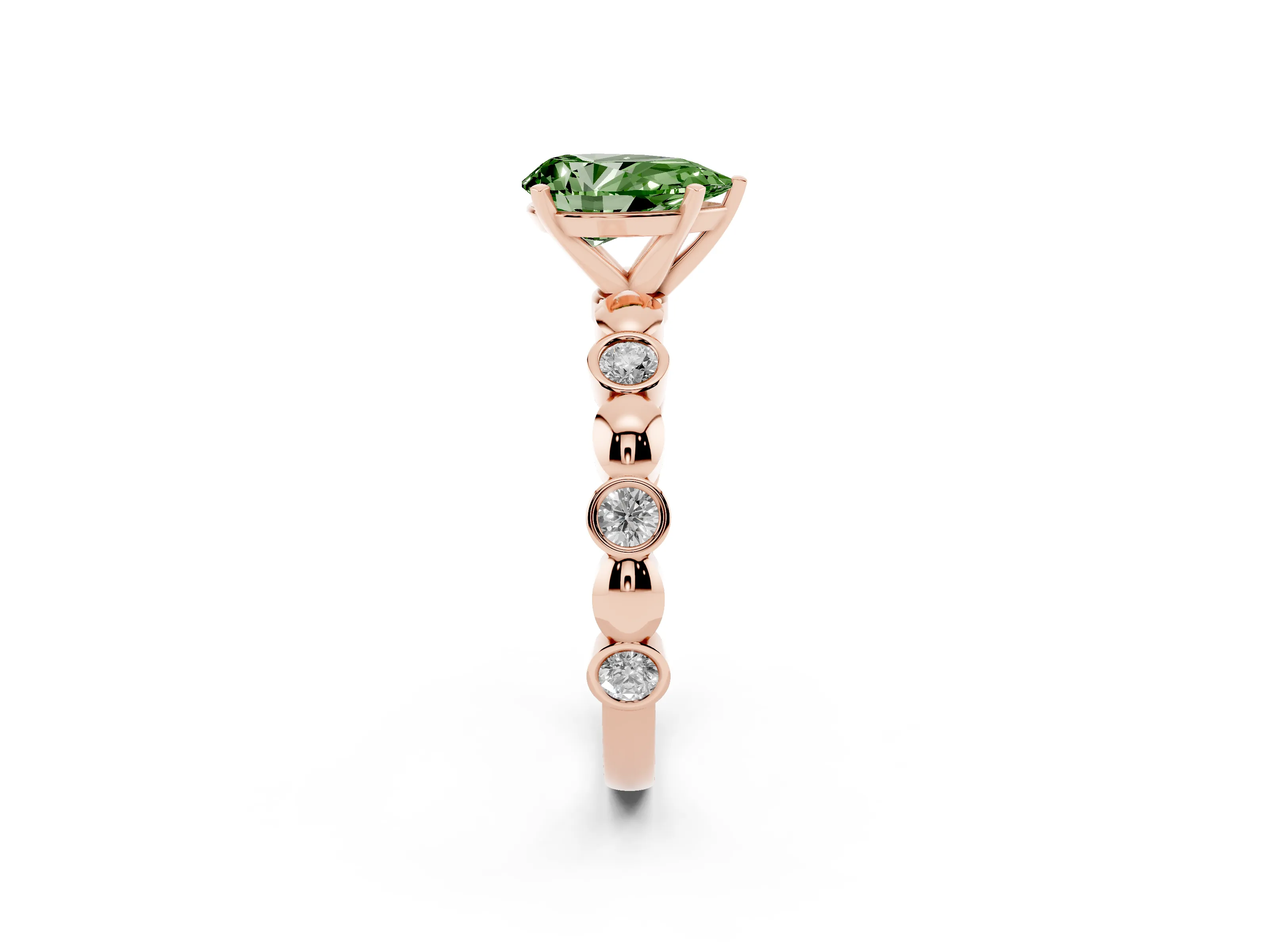 Fancy Green Pear Cut Diamond Solitaire Ring Set in Rose gold with Bezel-Set Accents on Beaded Band and Prong Setting