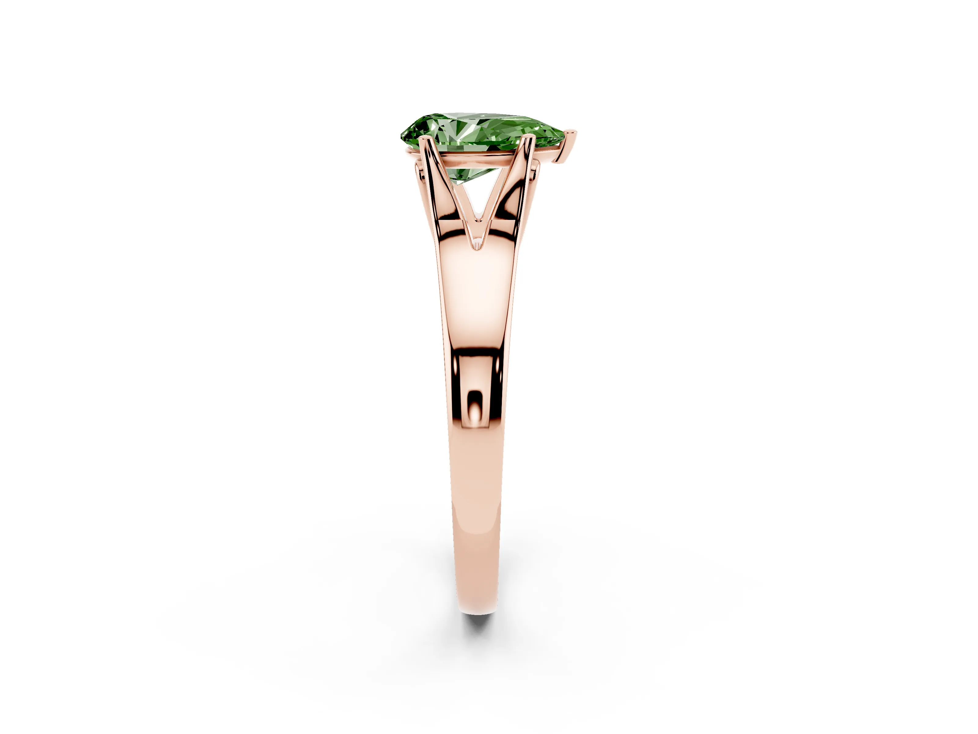 Fancy Green Pear Cut Diamond Solitaire Ring Set in Rose gold with Arched Cathedral Band and Prong Setting