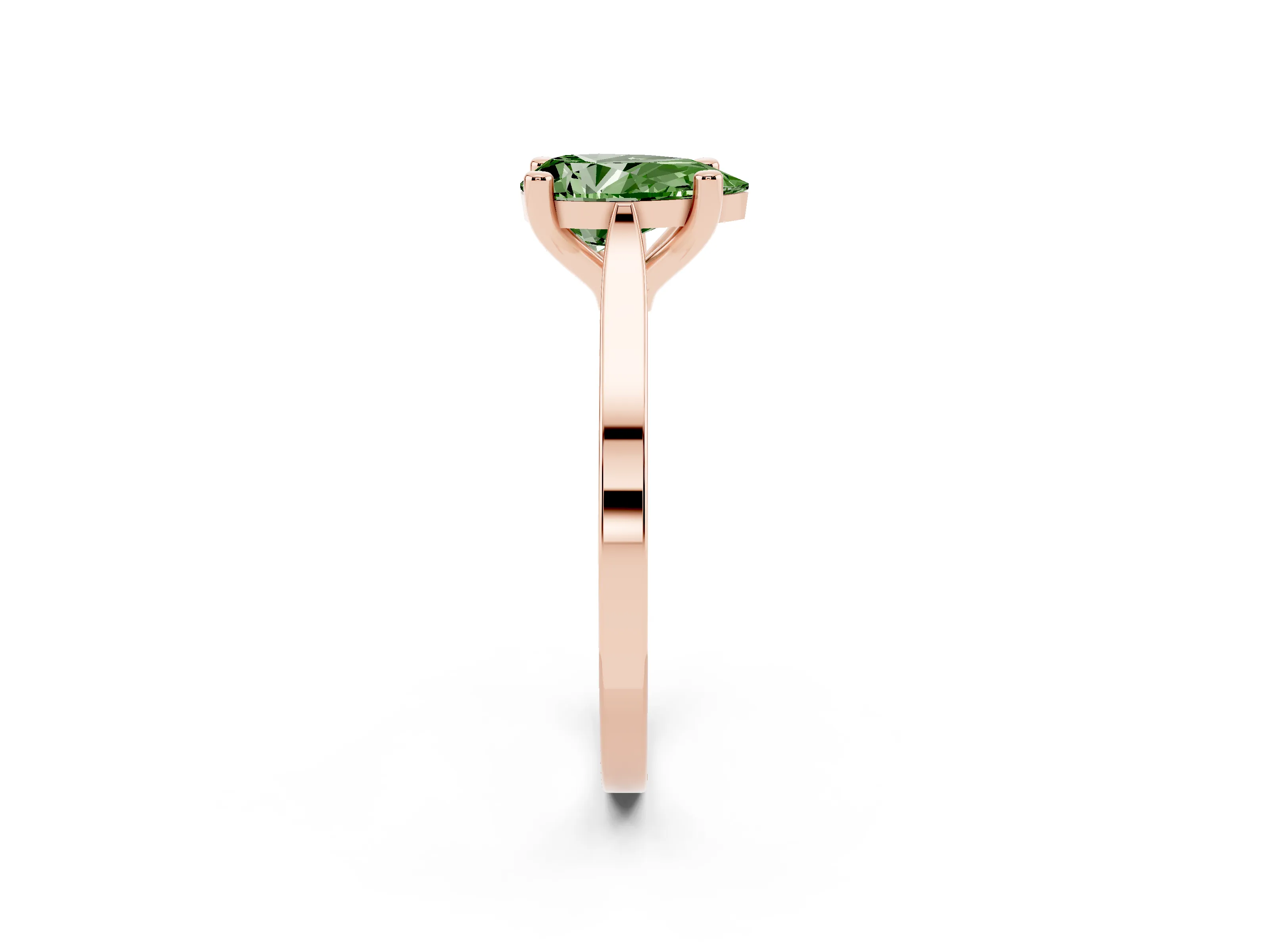 Fancy Green Pear Cut Diamond Solitaire Ring Set in Rose gold with Prong Setting and Tapered Band