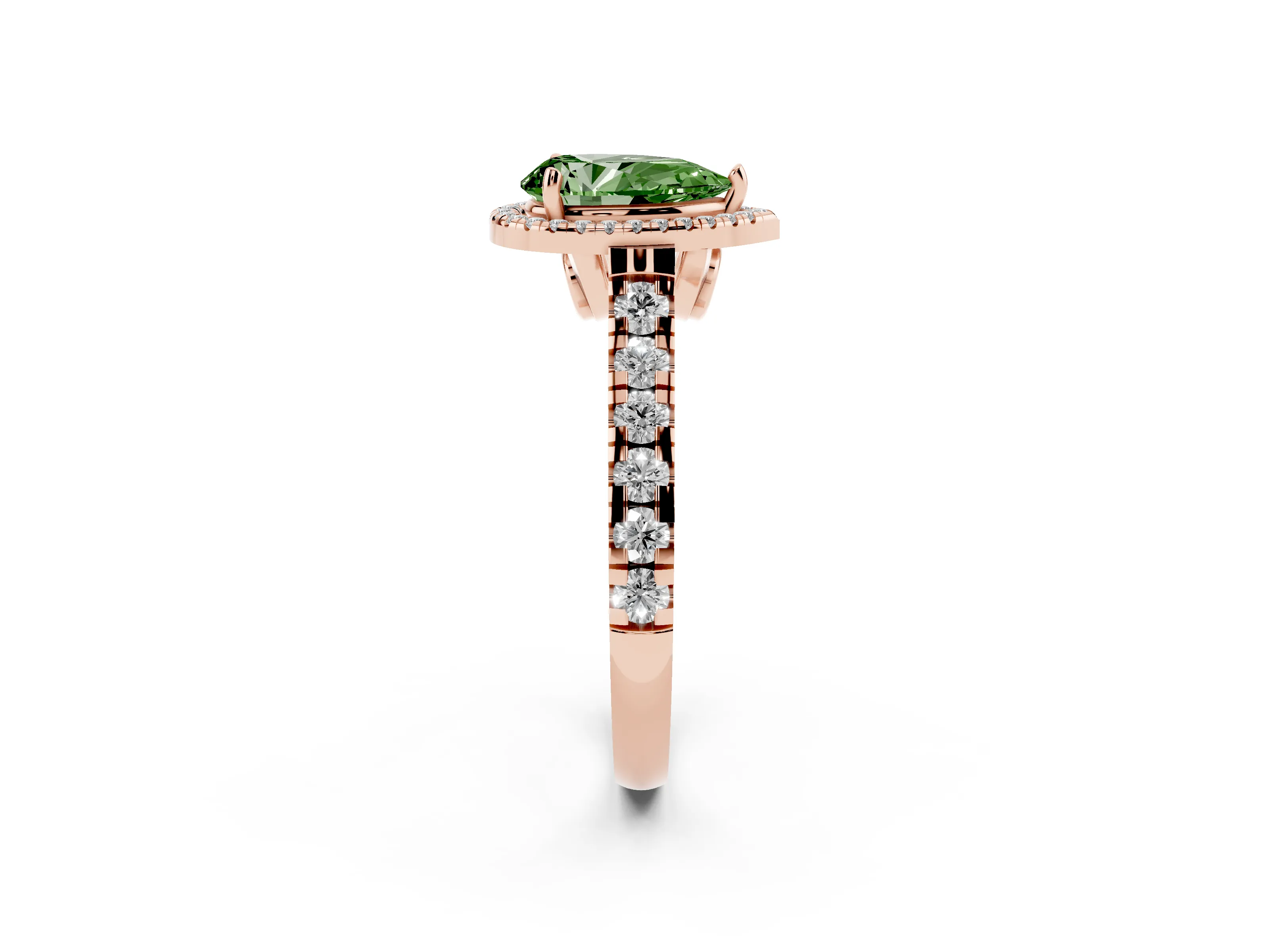 Fancy Green Pear Cut Diamond Halo Engagement Ring Set in Rose gold with Pavé Band and Prong-Set Center