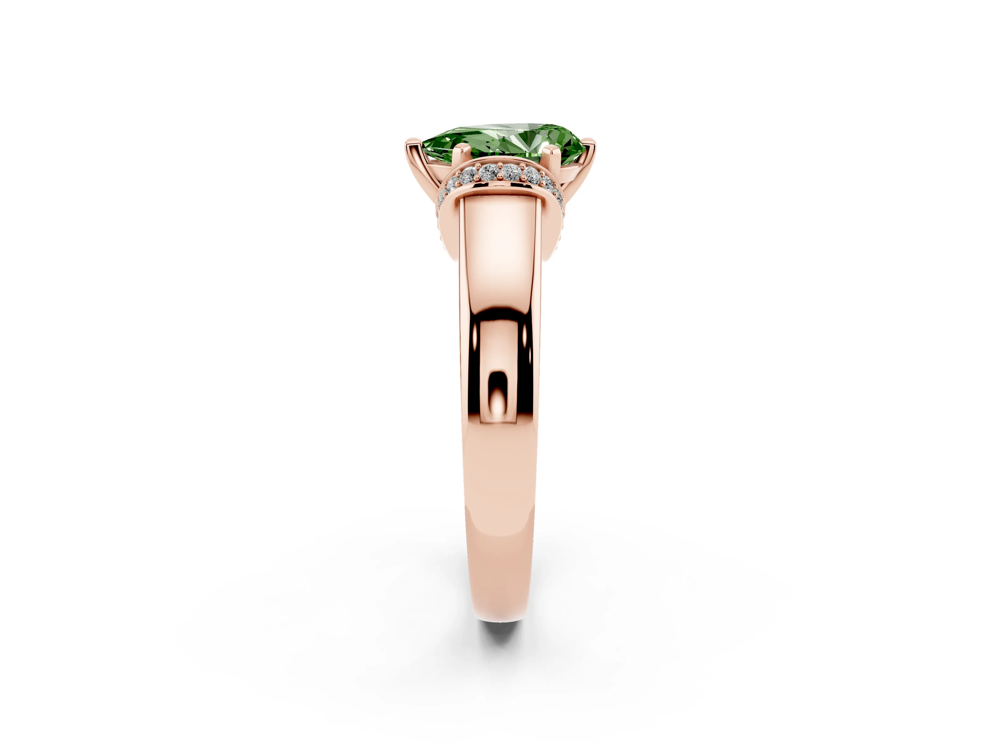 Fancy Green Pear Cut Diamond Pavé Band Solitaire Ring Set in Rose gold with Prong Setting