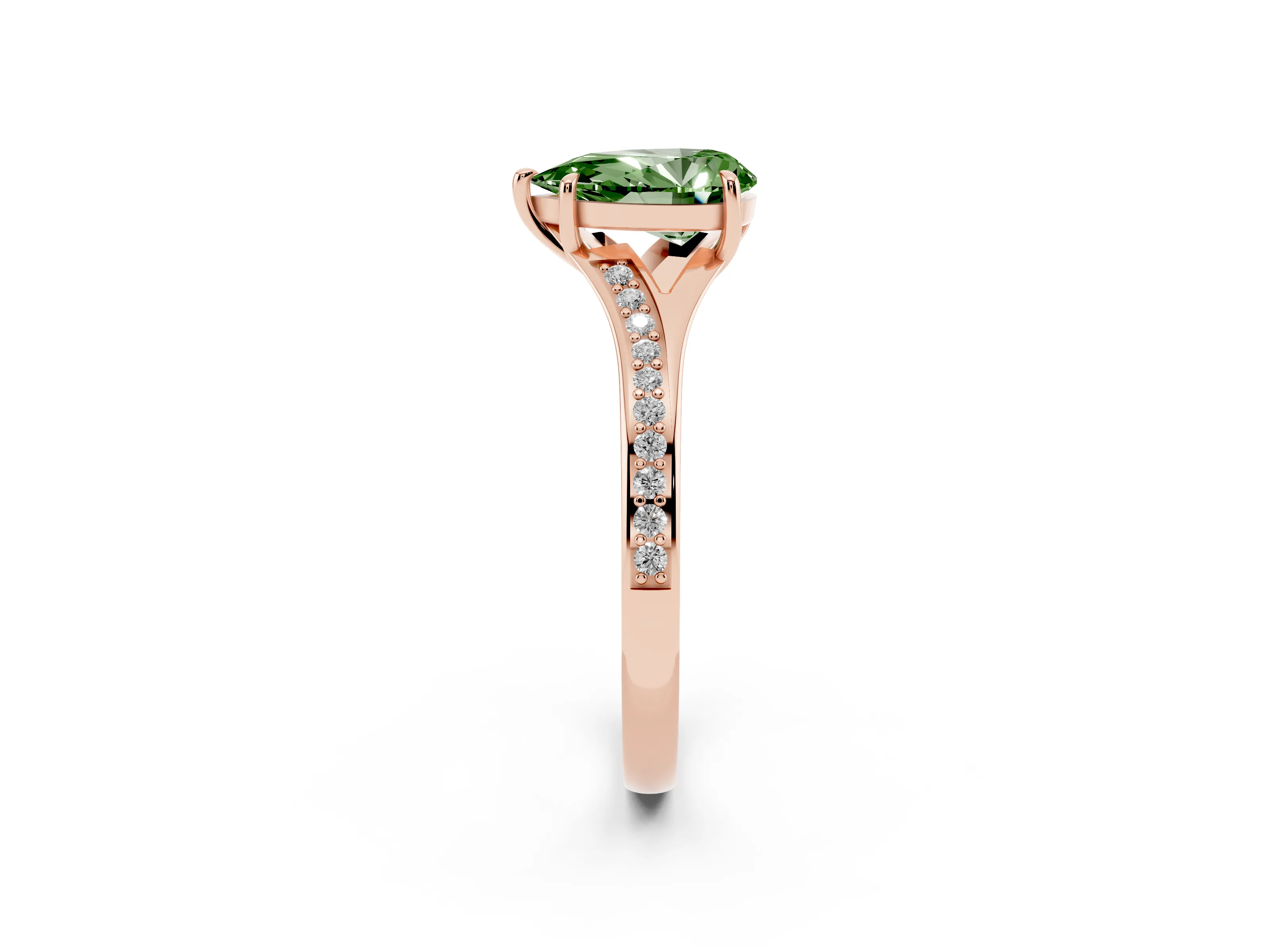 Fancy Green Pear Cut Diamond Solitaire Ring Set in Rose gold with Pavé Accent Band and Classic Prong Setting