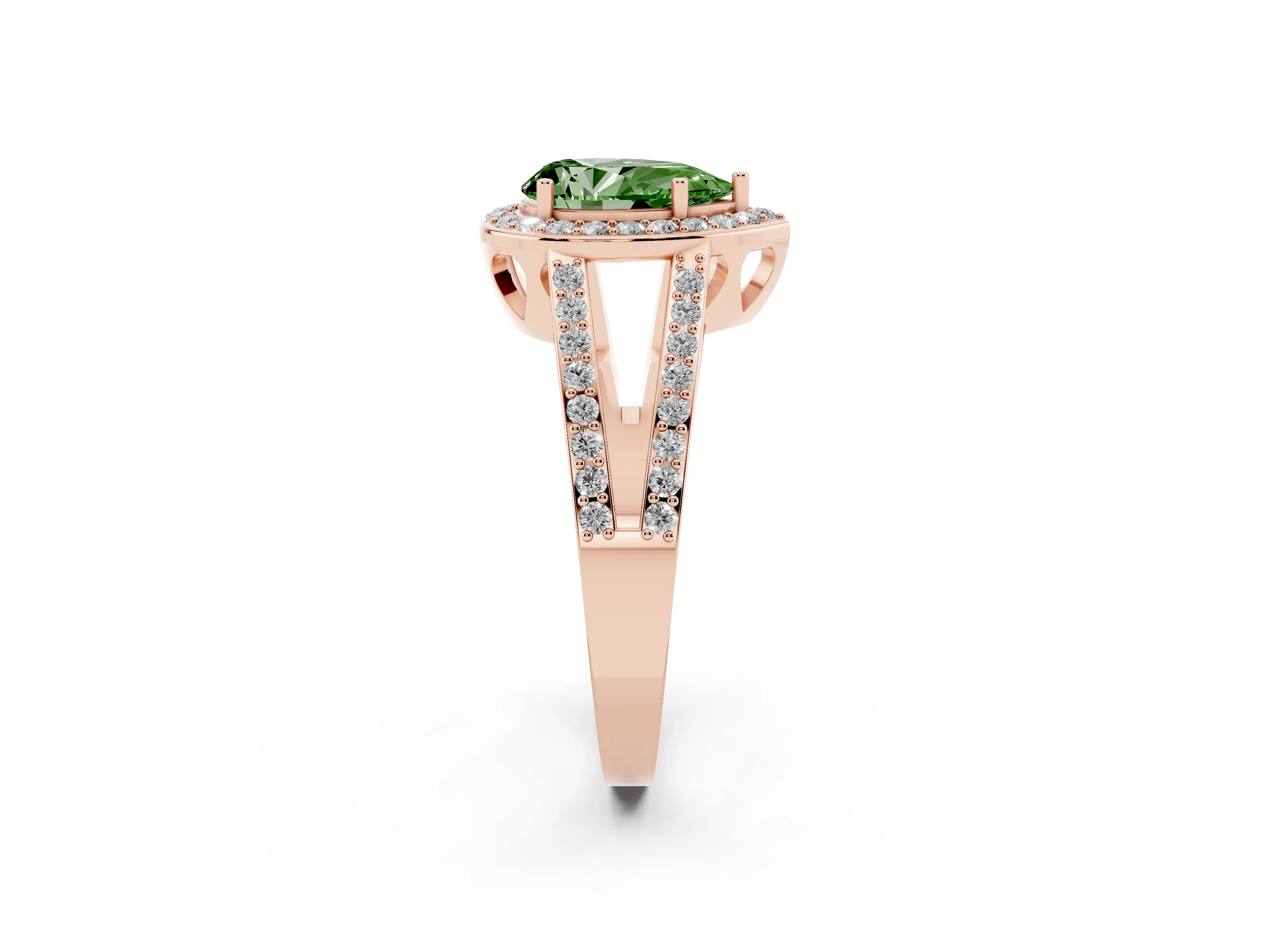 Fancy Green Pear Cut Diamond Halo Ring Set in Rose gold with U-Prong Split Shank and Prong Setting