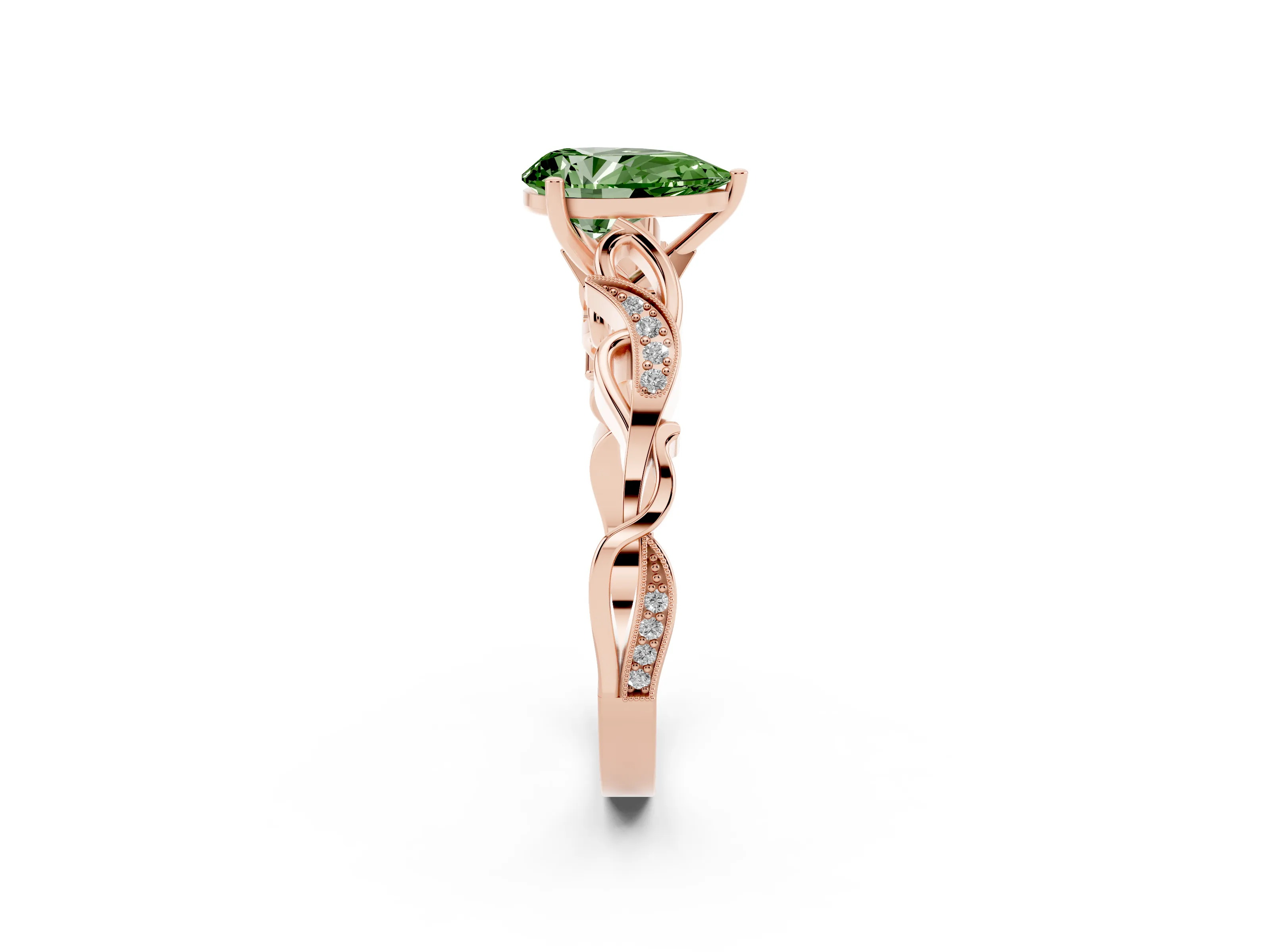 Fancy Green Pear Cut Diamond Vine Band Solitaire Ring Set in Rose gold with Milgrain Prong Setting