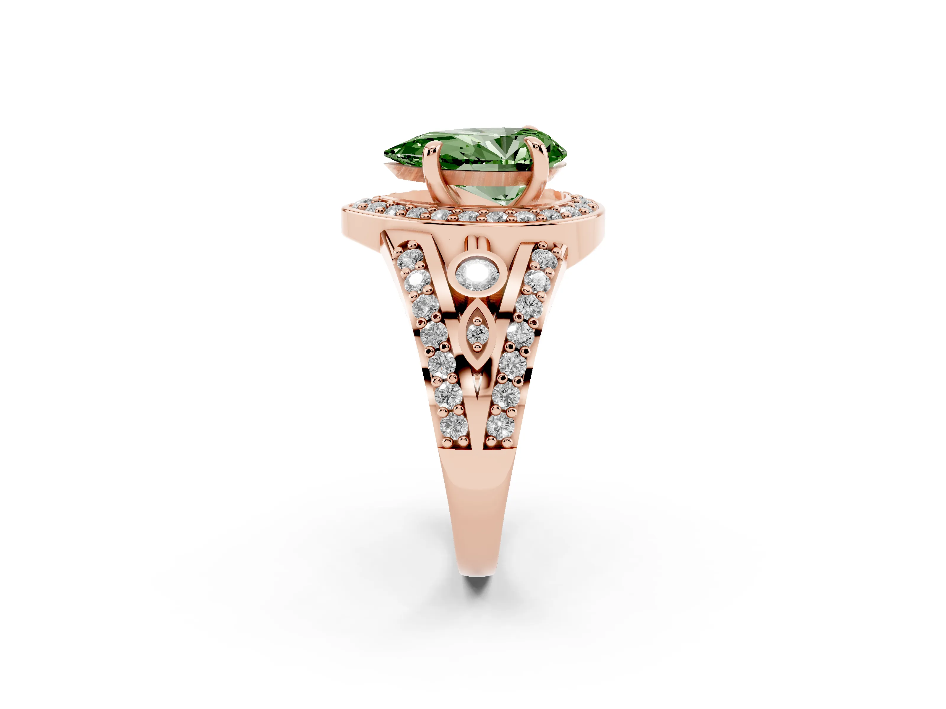 Fancy Green Pear Cut Diamond Halo Ring Set in Rose gold with Pavé Split Shank and Bezel Accents