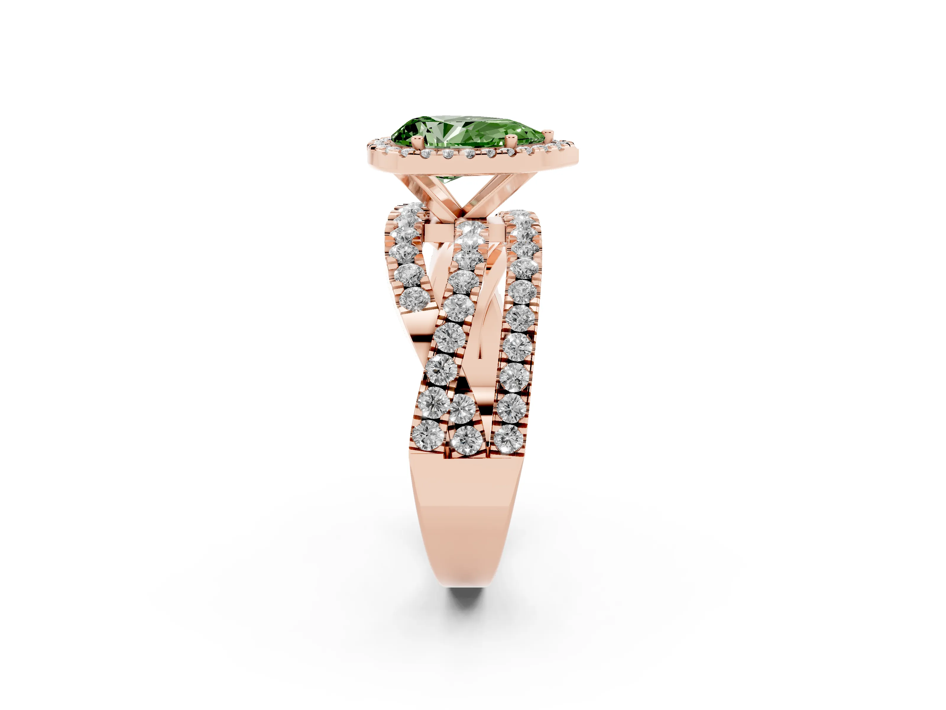 Fancy Green Pear Cut Diamond Halo Ring Set in Rose gold with Round Crossover Split Shank and Prong Setting