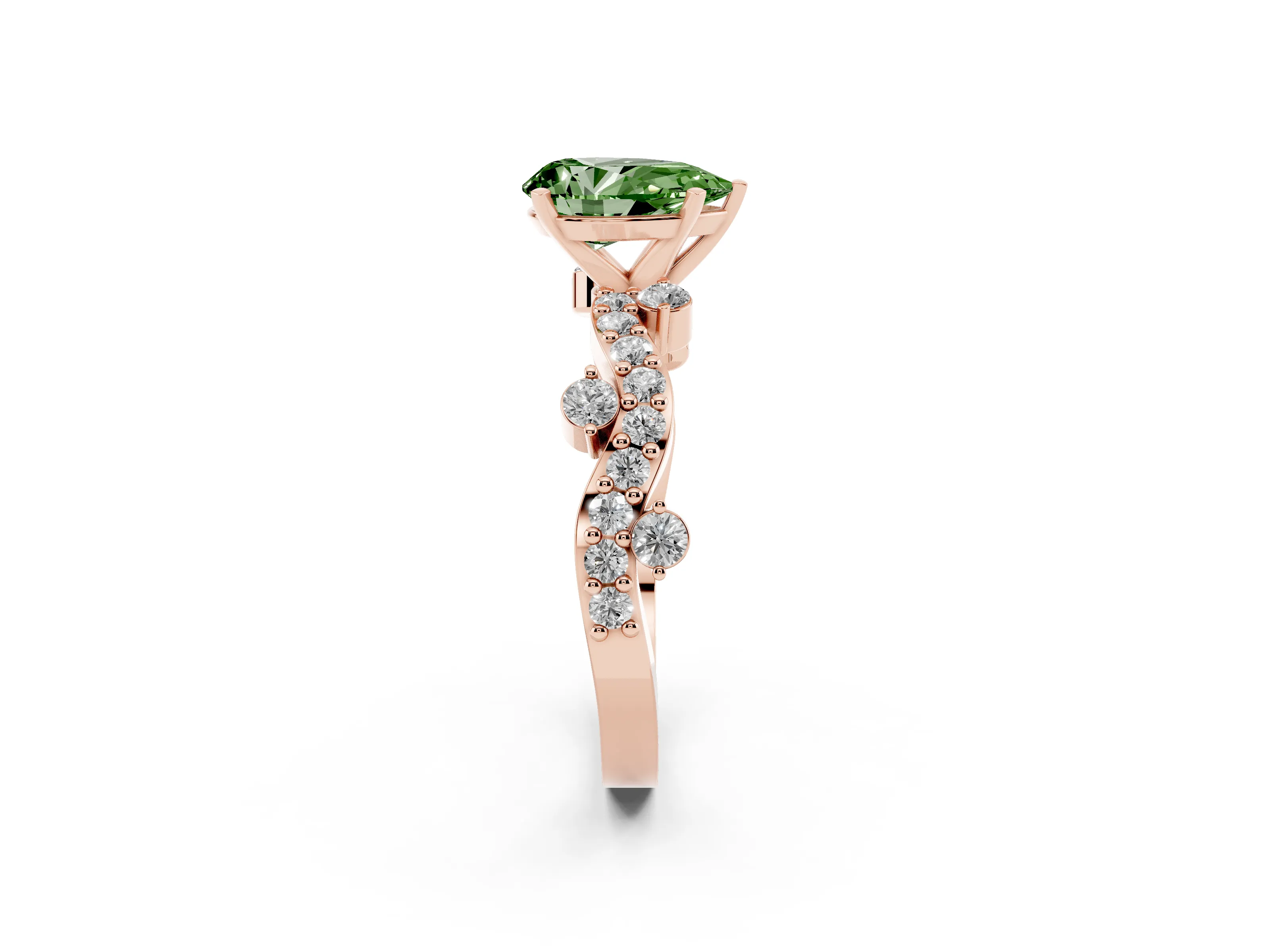 Fancy Green Pear Cut Diamond Solitaire Twisted Band Set in Rose gold with Pavé Setting