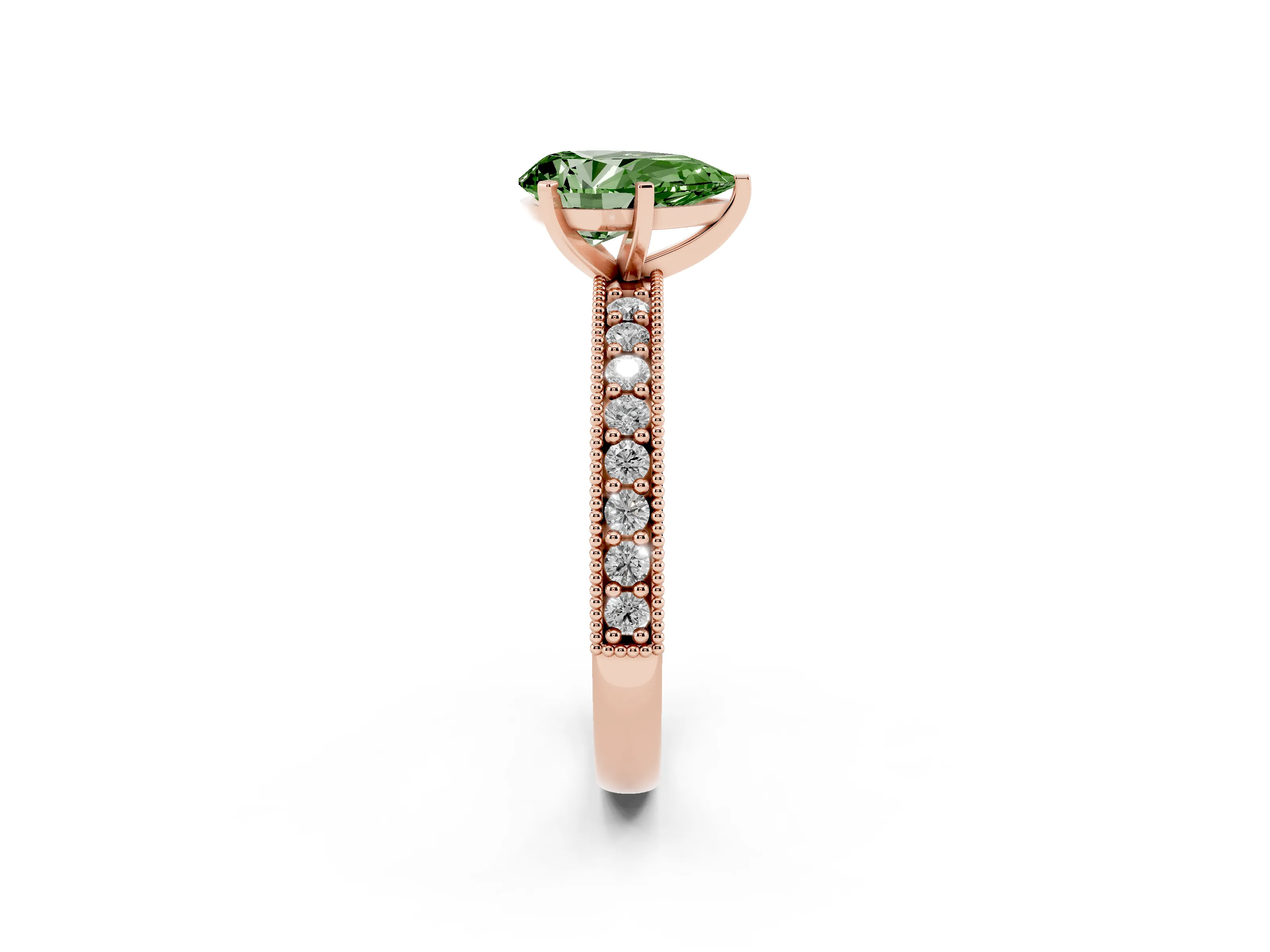 Fancy Green Pear Cut Diamond Milgrain Pavé Engagement Ring Set in Rose gold with Prong Setting