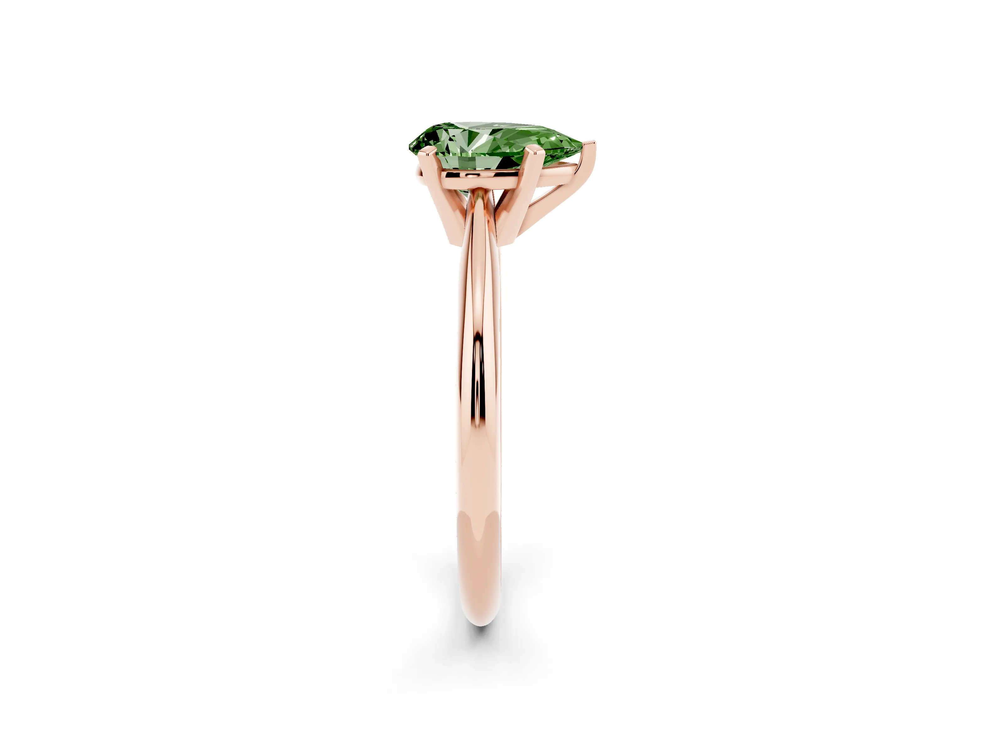 Fancy Green Pear Cut Diamond Solitaire Ring Set in Rose gold with Prong Setting on a Plain Round Band
