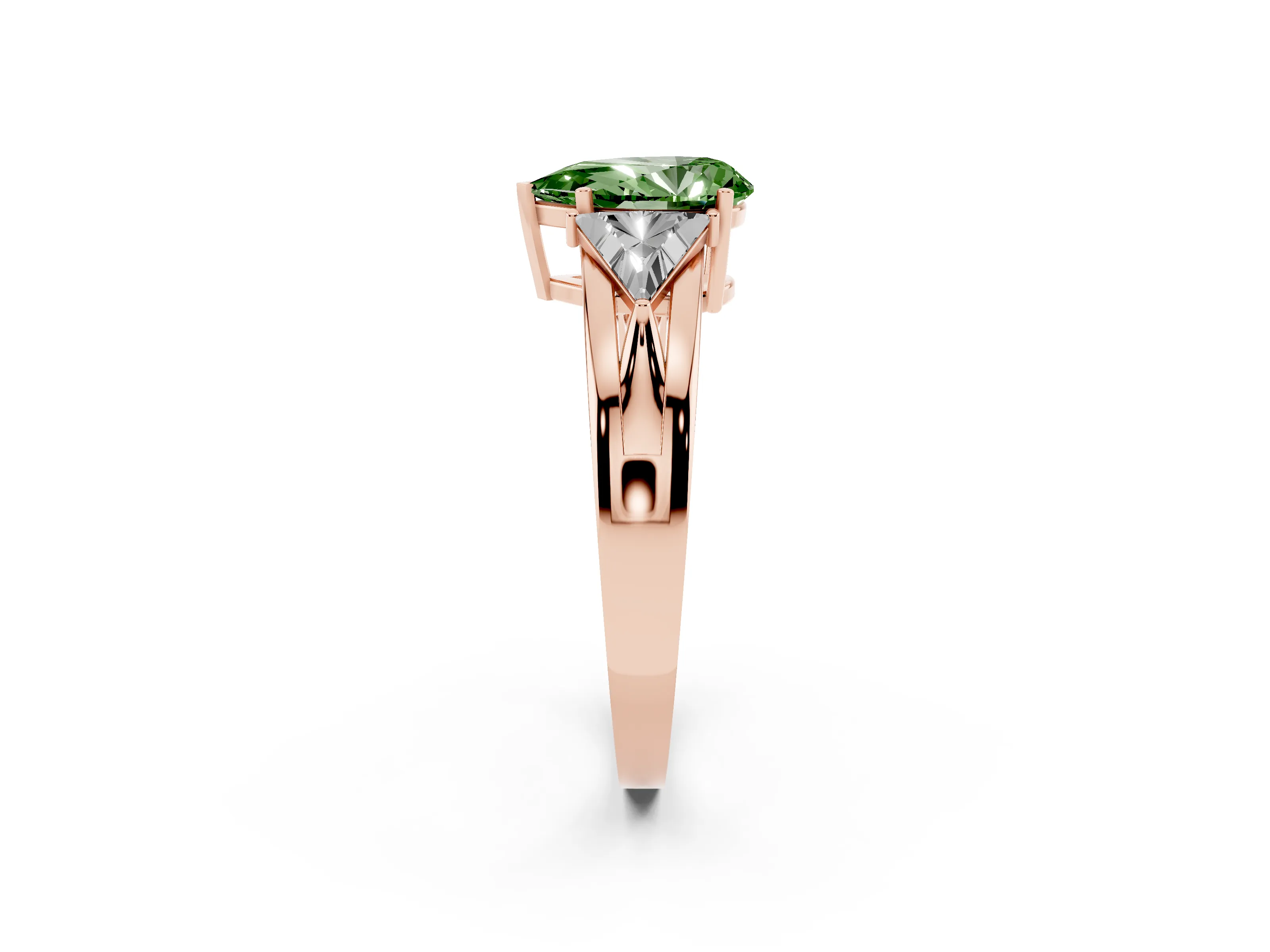 Fancy Green Pear Cut Diamond Three-Stone Ring Set in Rose gold with Trillion Side Stones and Split Shank