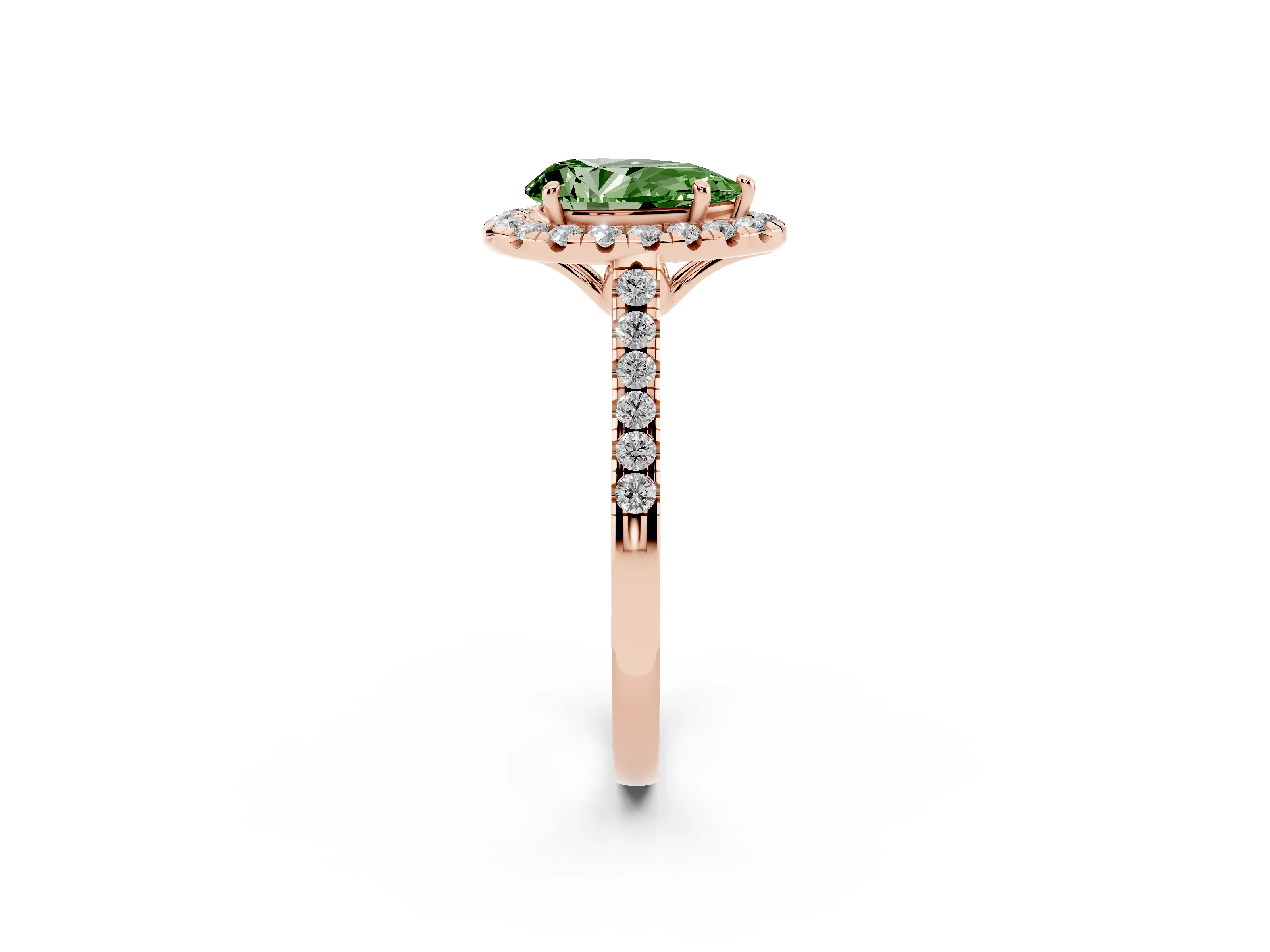 Fancy Green Pear Cut Diamond Pavé Halo Engagement Ring Set in Rose gold with Pavé Band and Prong Setting