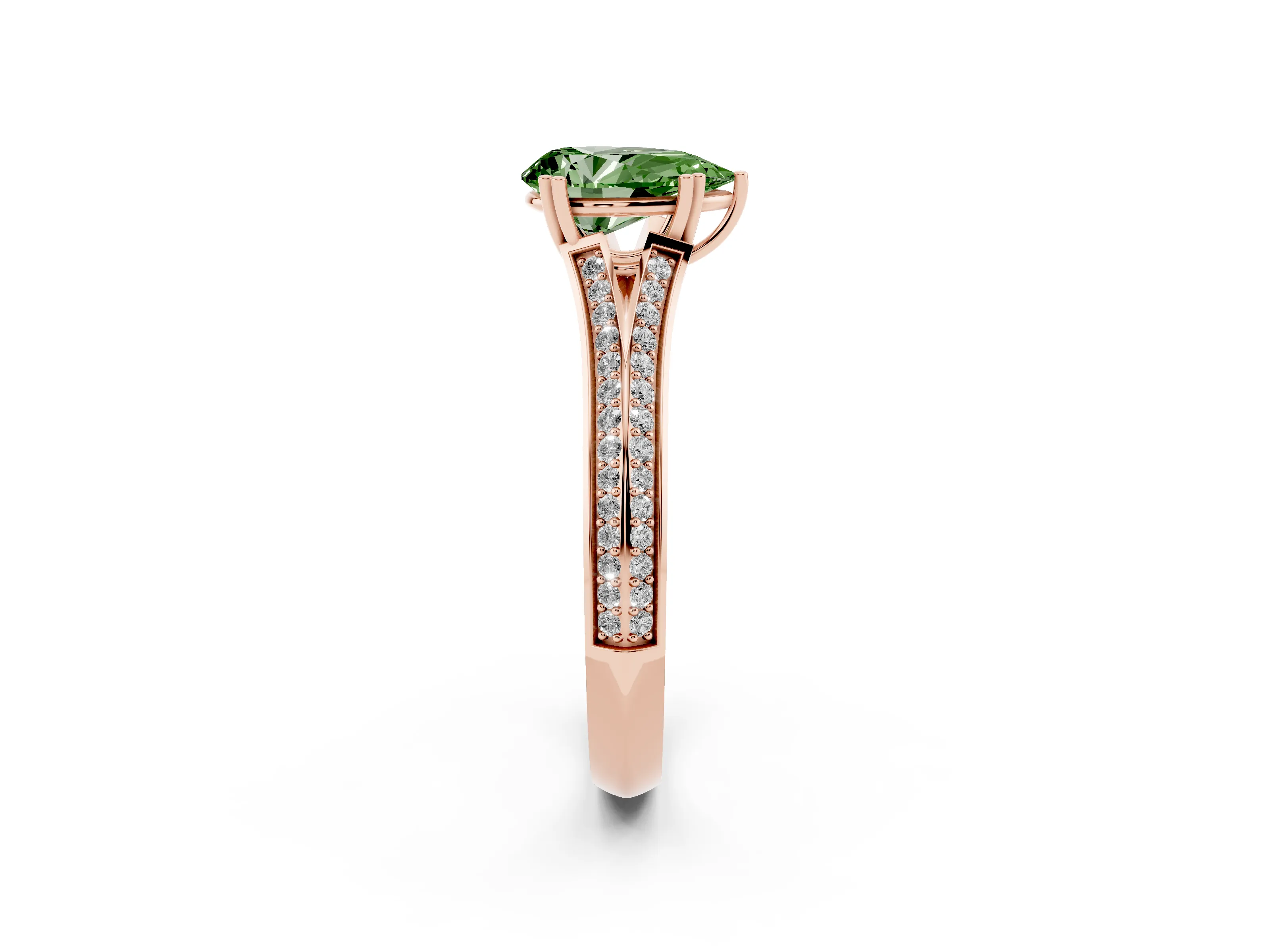 Fancy Green Pear Cut Diamond Split Shank Pavé Engagement Ring Set in Rose gold with Prong-Set Center Stone