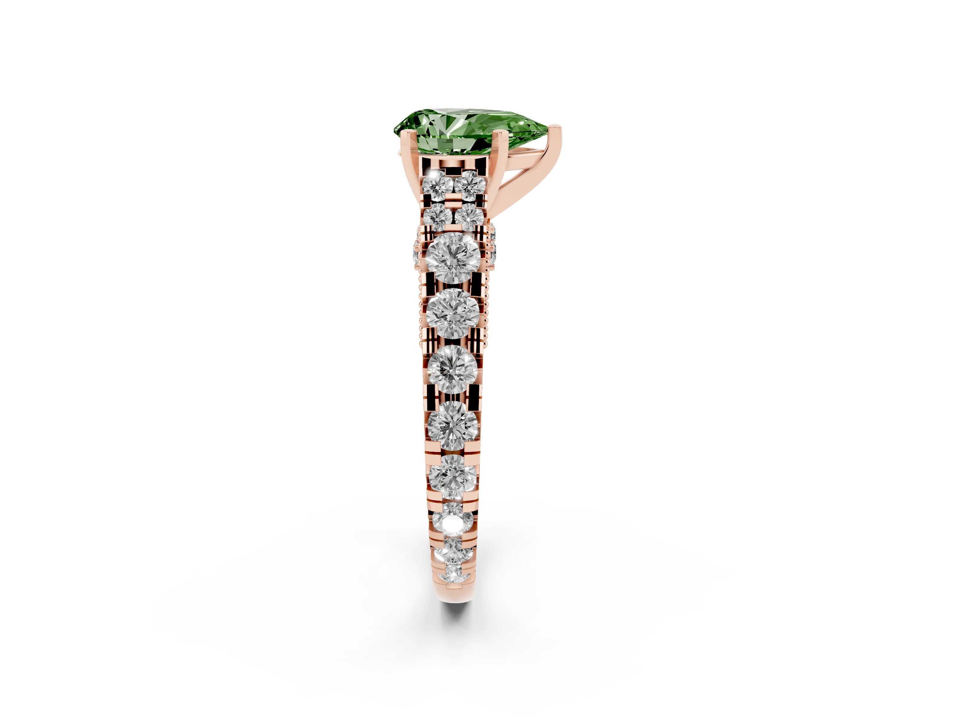 Fancy Green Pear Cut Diamond Classic Solitaire Ring Set in Rose gold with Pavé Band and Prong Setting