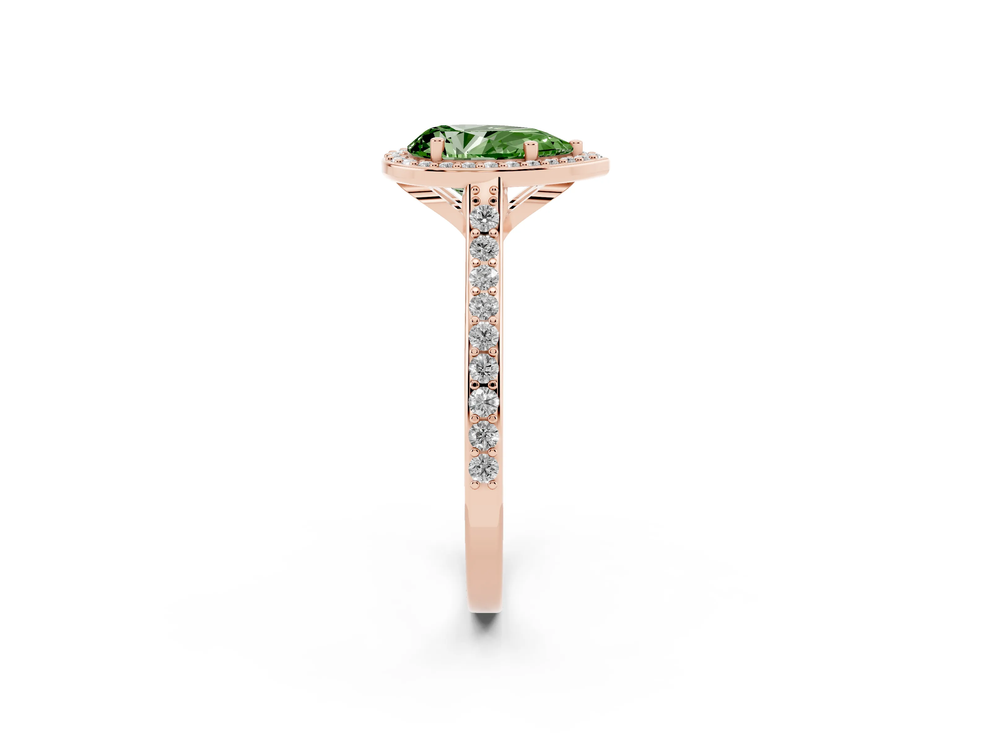 Fancy Green Pear Cut Diamond Halo Engagement Ring Set in Rose gold with Round Pavé Shoulders and Heart Gallery