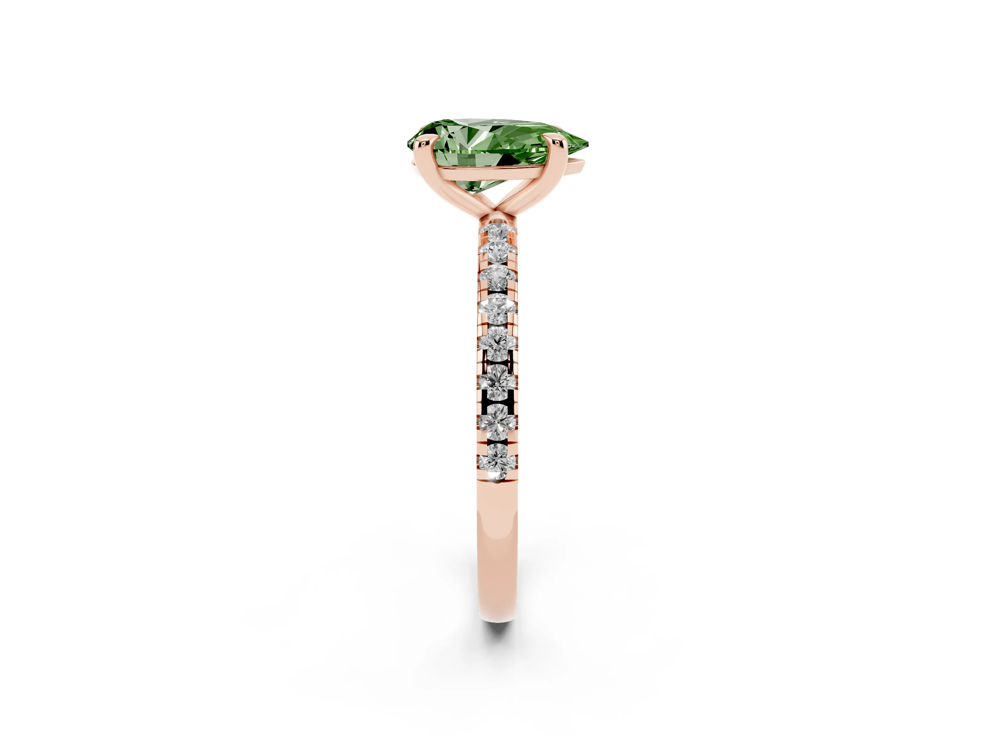 Fancy Green Pear Cut Diamond Brilliant Solitaire Ring Set in Rose gold with Pavé Band and Prong Setting