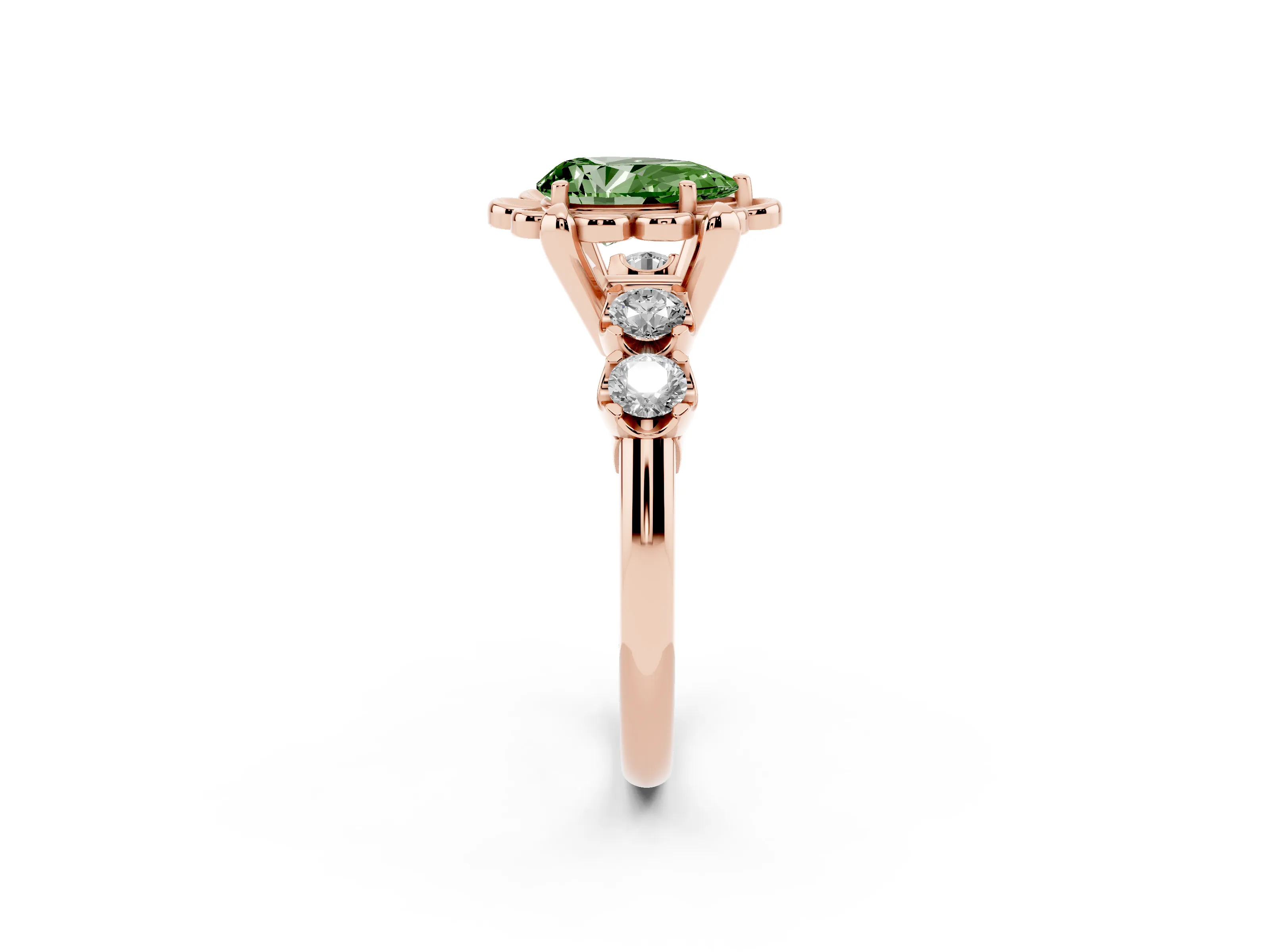 Fancy Green Pear Cut Diamond Floral Halo Ring Set in Rose gold with Shared Prong Band