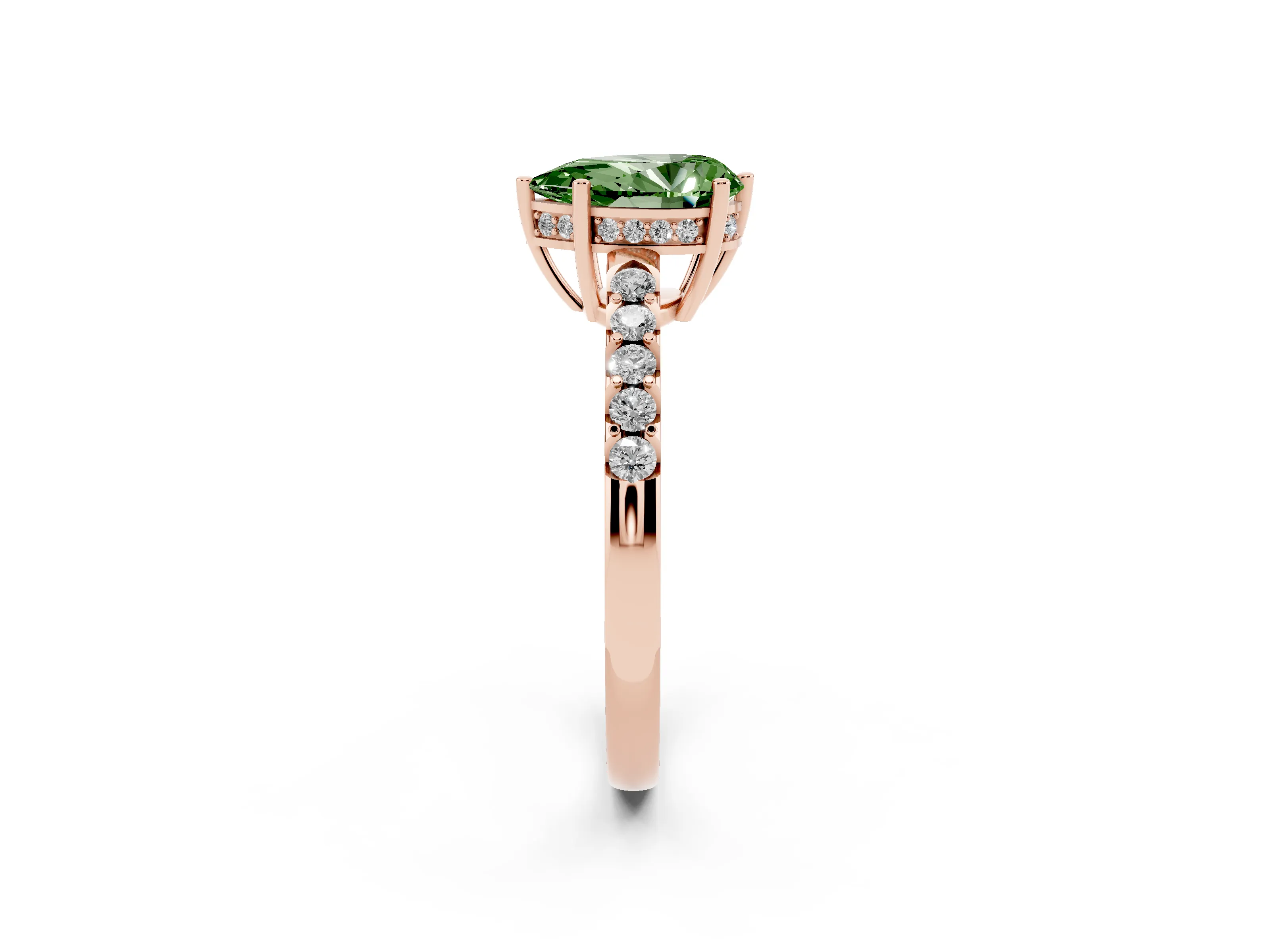 Fancy Green Pear Cut Diamond Solitaire Engagement Ring Set in Rose gold with Pavé Band and Prong Setting