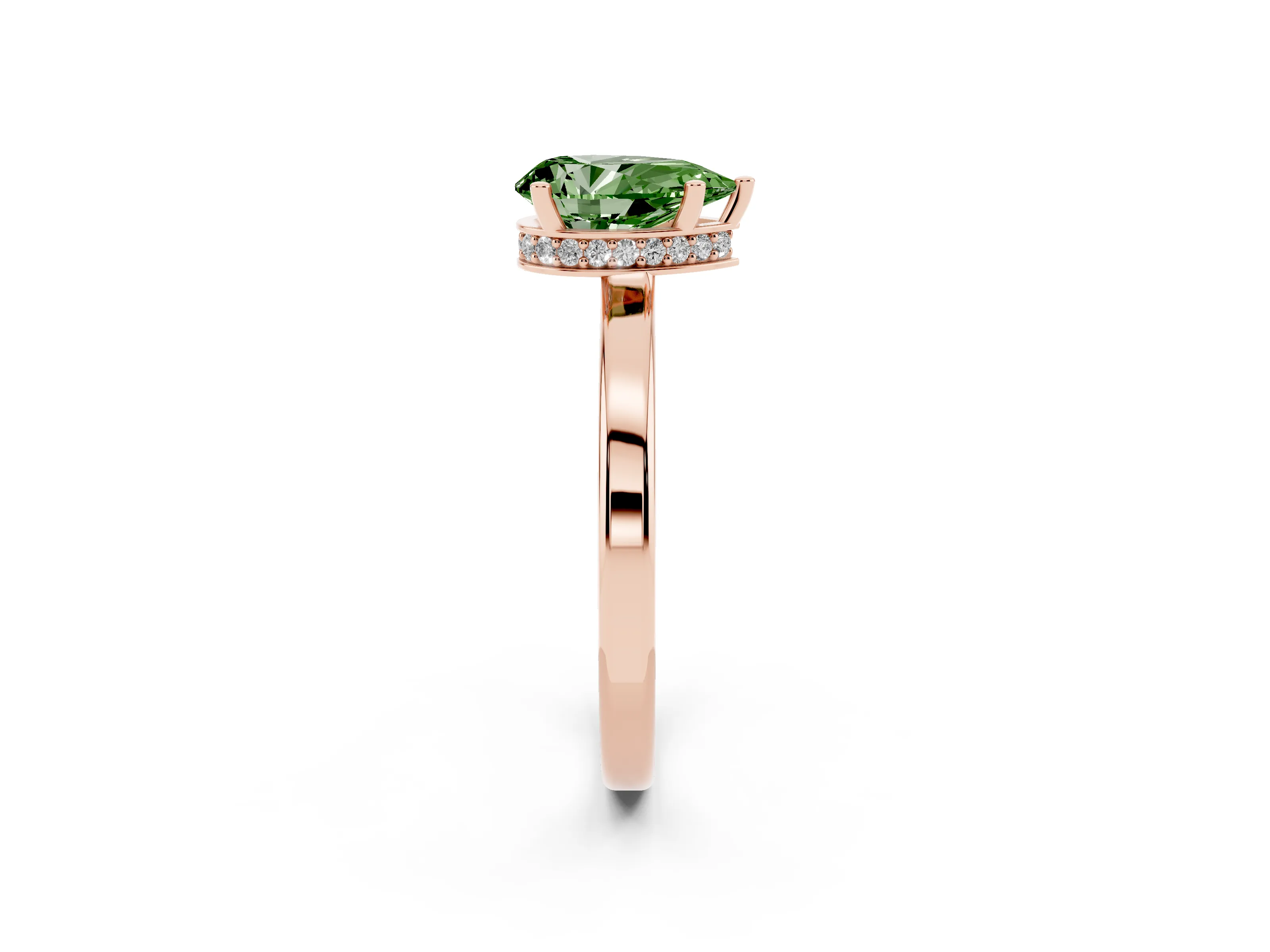Fancy Green Pear Cut Diamond Solitaire Engagement Ring Set in Rose gold with Prong Setting on a Plain Band