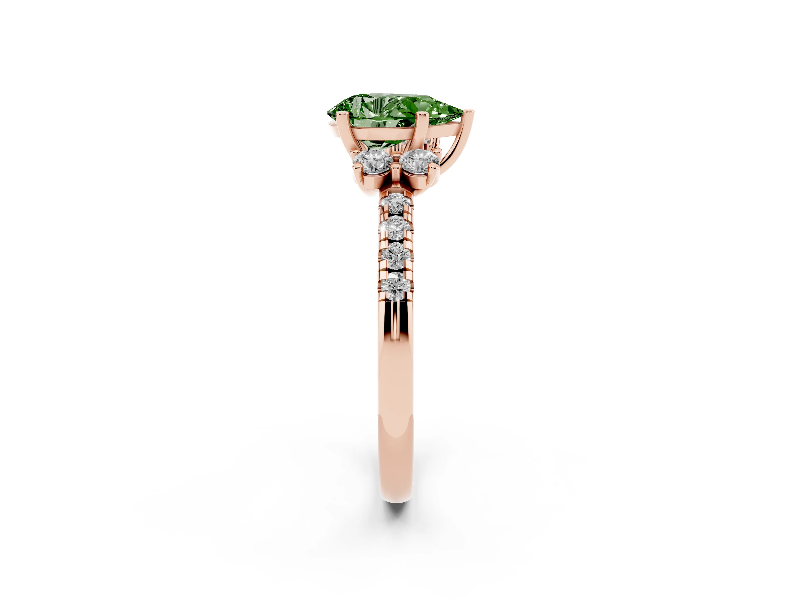 Fancy Green Pear Cut Diamond Three-Stone Pavé Ring Set in Rose gold with Prong Setting