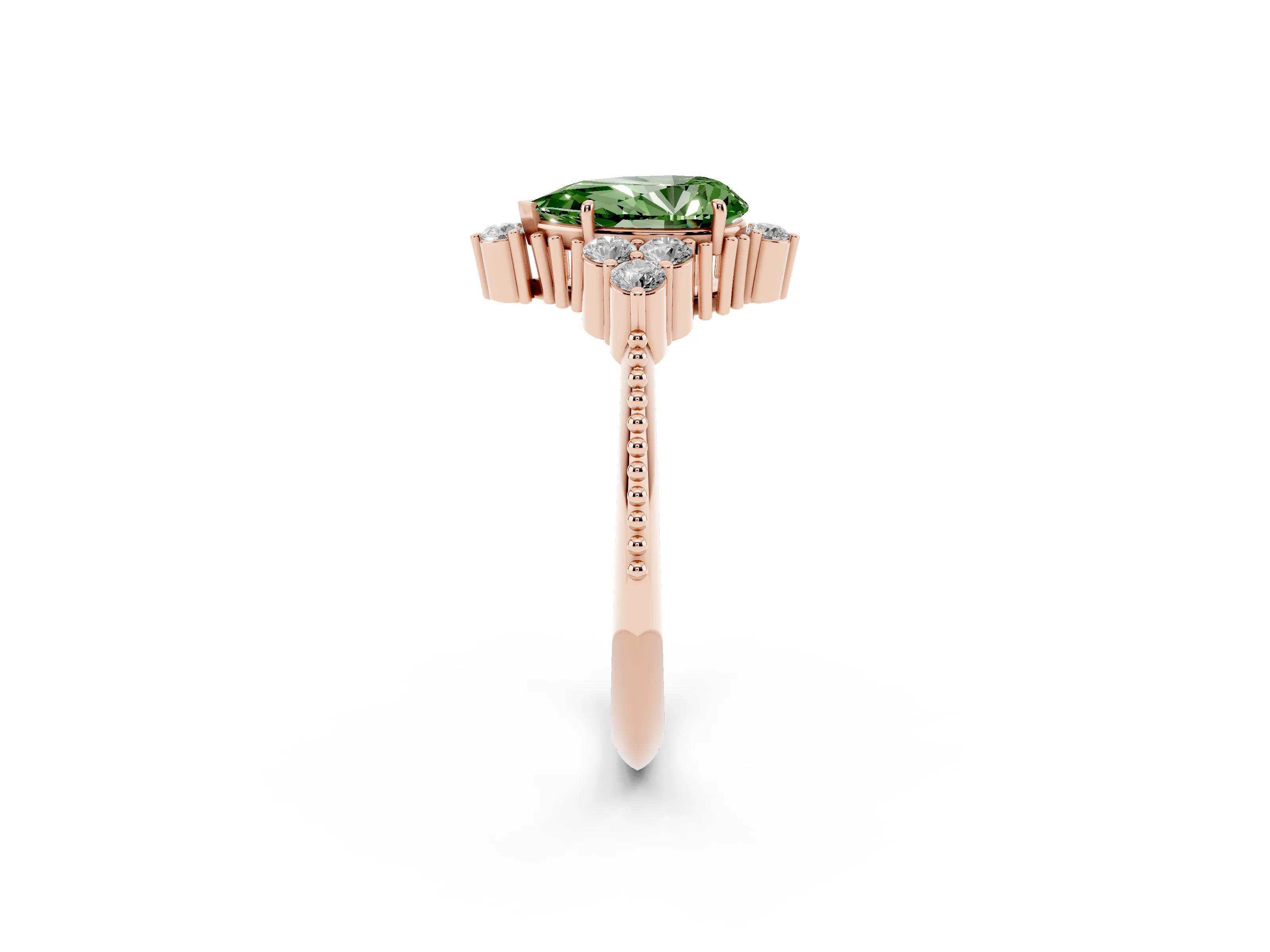 Fancy Green Pear Cut Diamond Cluster Ring Set in Rose gold with Beaded Band