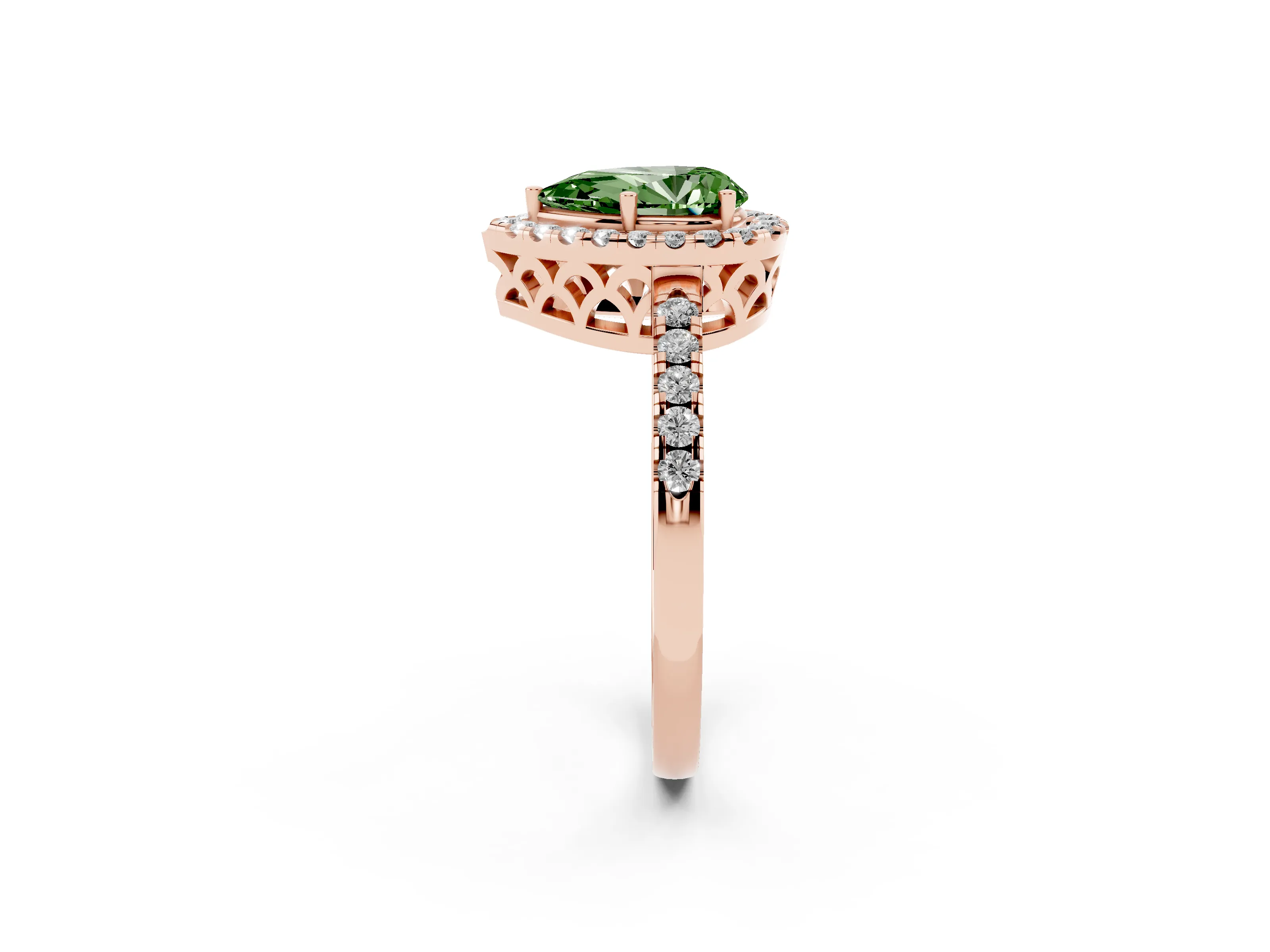 Fancy Green Pear Cut Diamond Pavé Band Halo Engagement Ring Set in Rose gold with Prong Setting