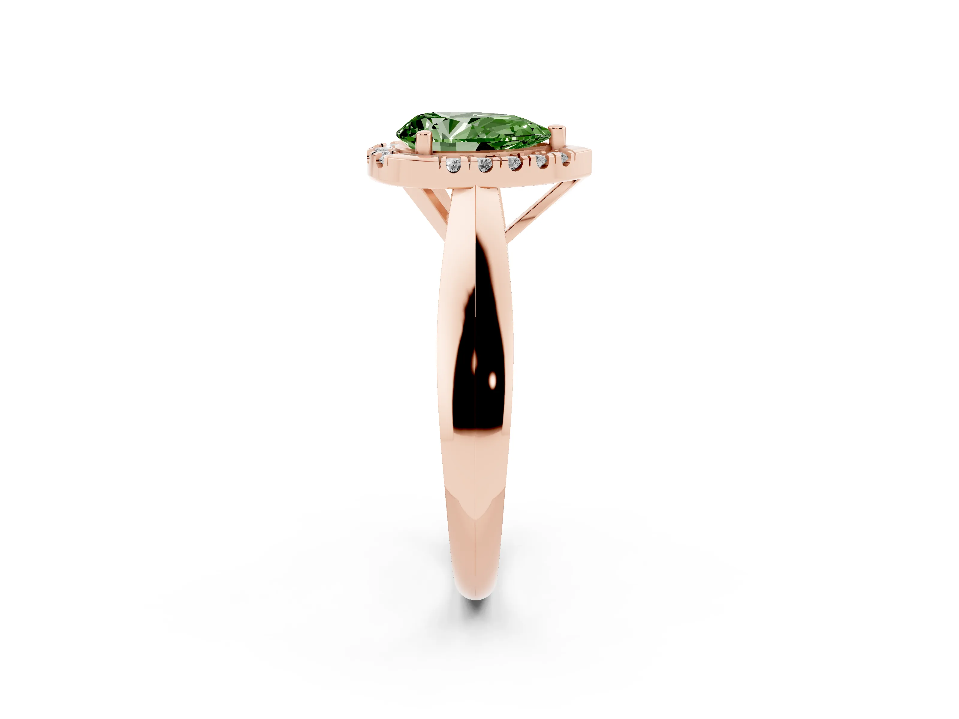 Fancy Green Pear Cut Diamond Halo Solitaire Engagement Ring Set in Rose gold with Square Band and Prong Setting