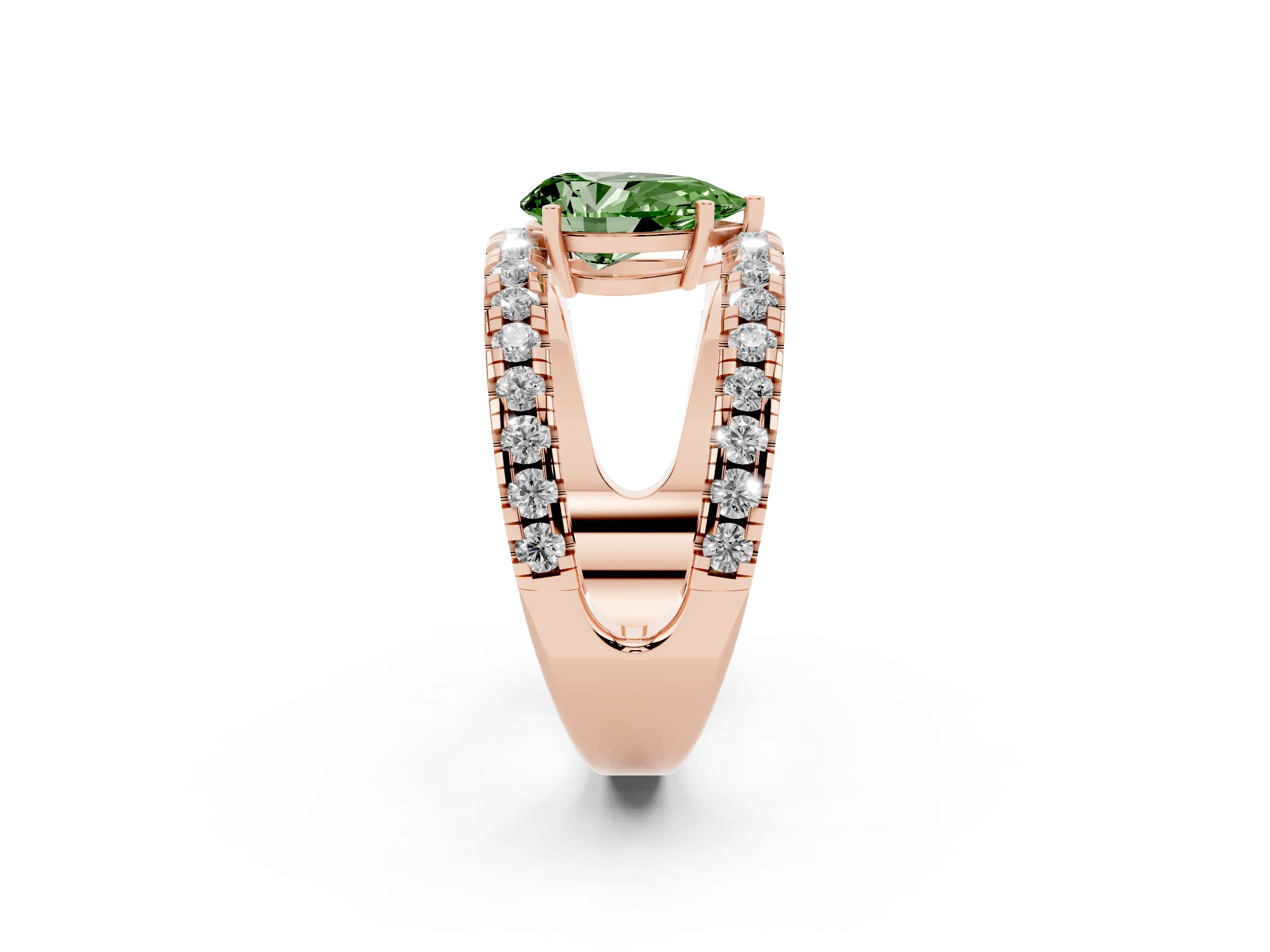 Fancy Green Pear Cut Diamond Split Shank Pavé Solitaire Ring Set in Rose gold with Open Shank Design
