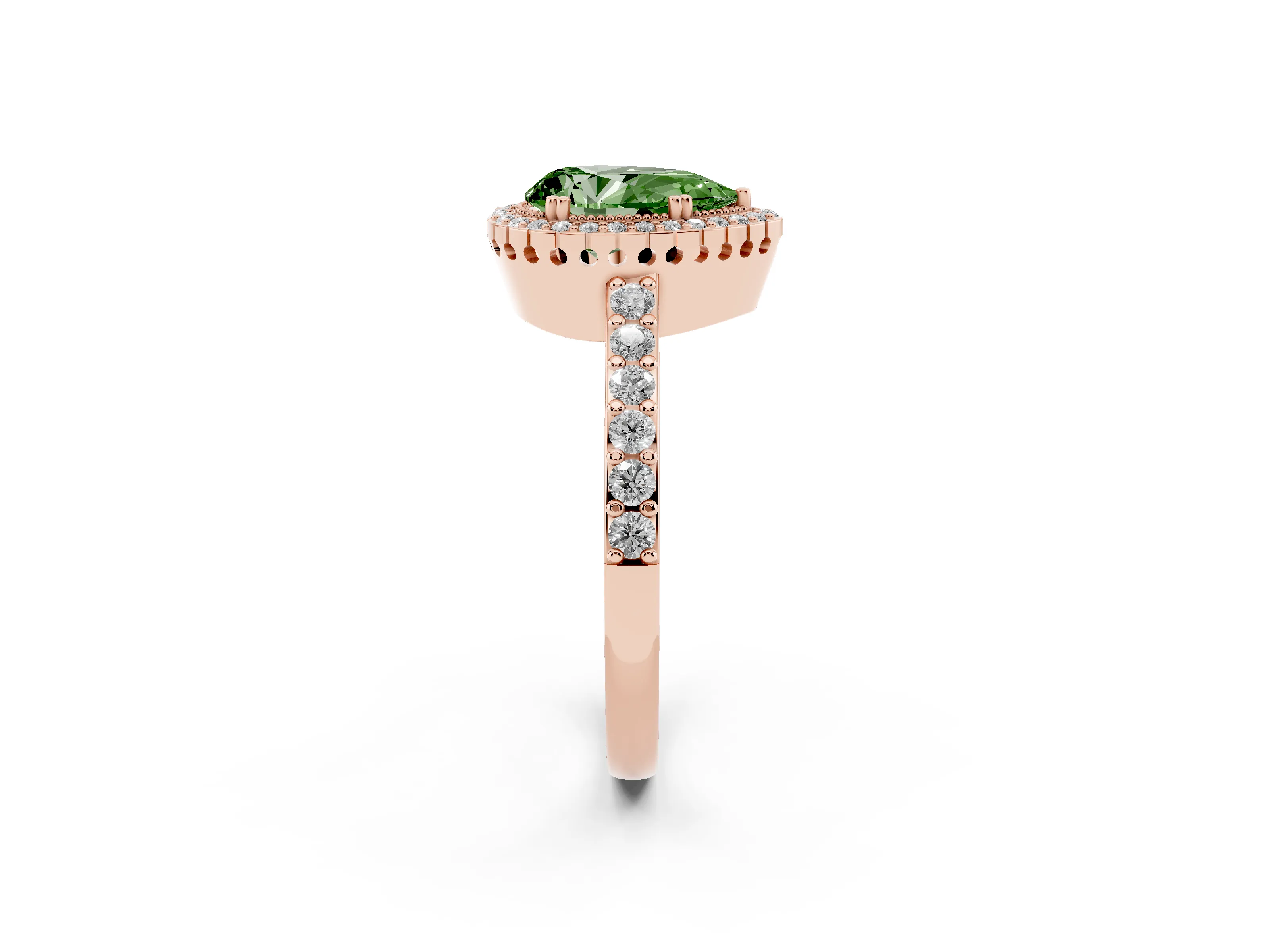 Fancy Green Pear Cut Diamond Halo Engagement Ring Set in Rose gold with Milgrain Detail and Pavé Band