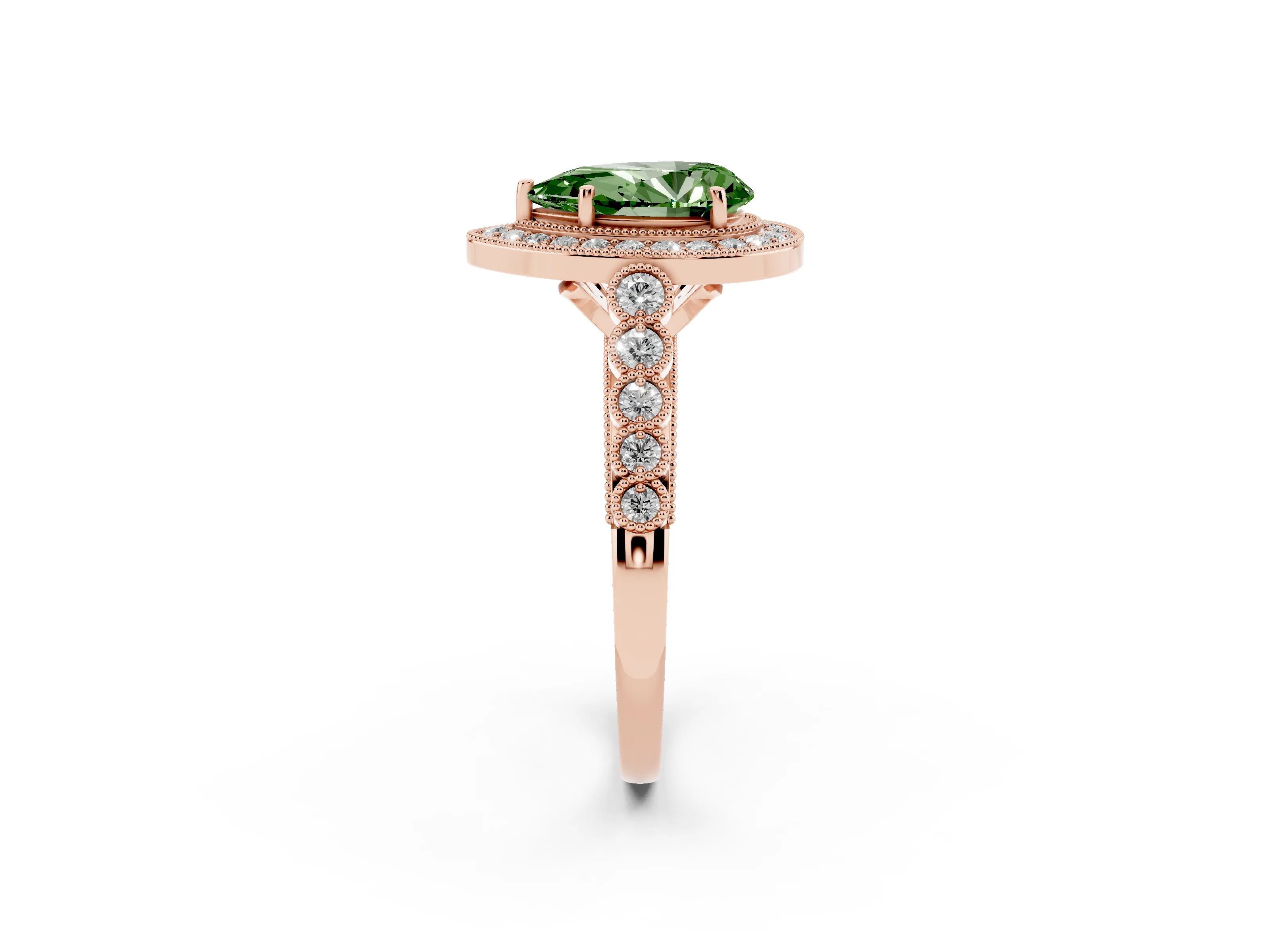 Fancy Green Pear Cut Diamond Milgrain Halo Solitaire Ring Set in Rose gold with Bezel Set Side Stones and Pavé Band