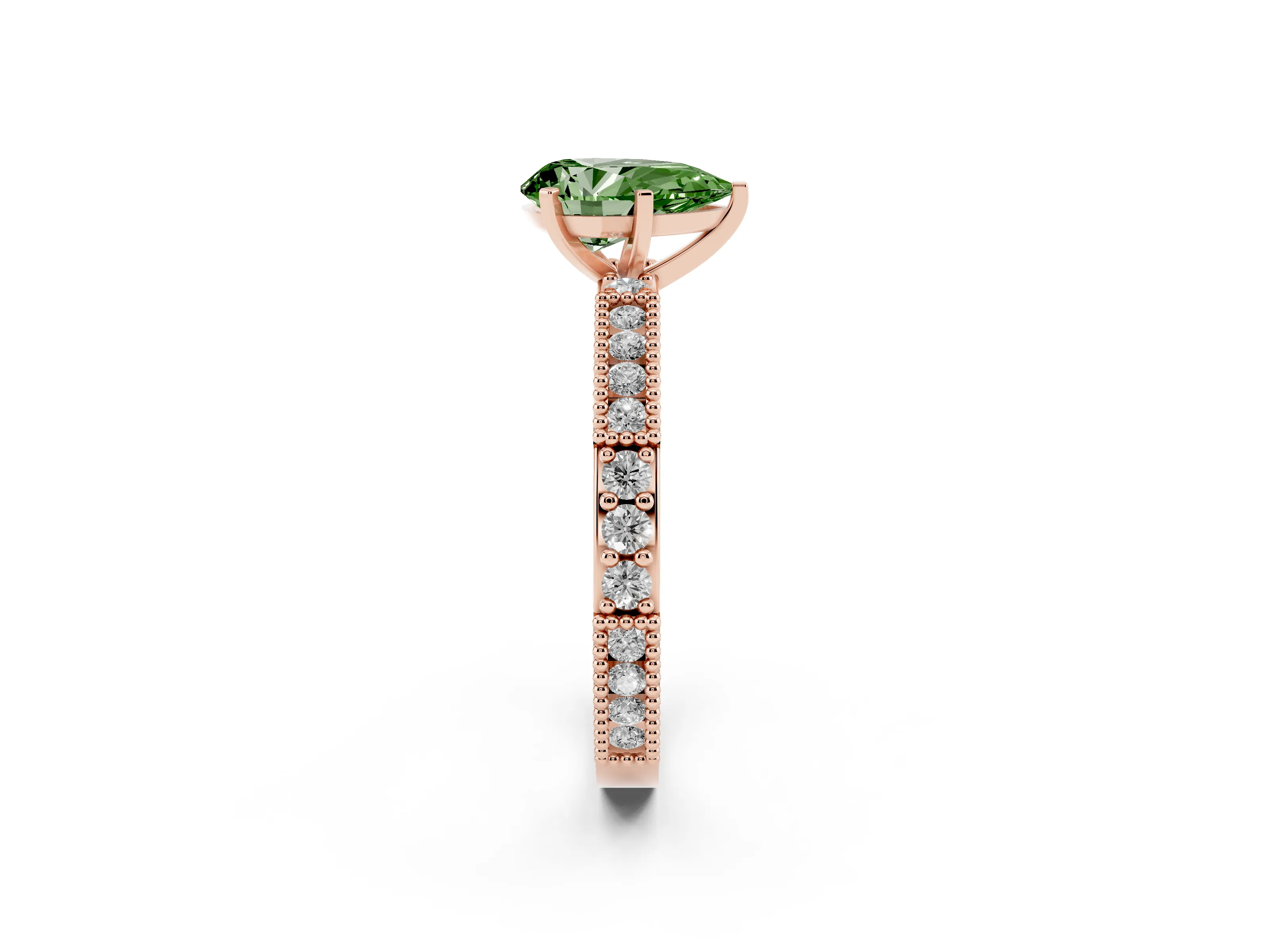 Fancy Green Pear Cut Diamond Solitaire Ring Set in Rose gold with Slim Pavé Band and Prong Setting