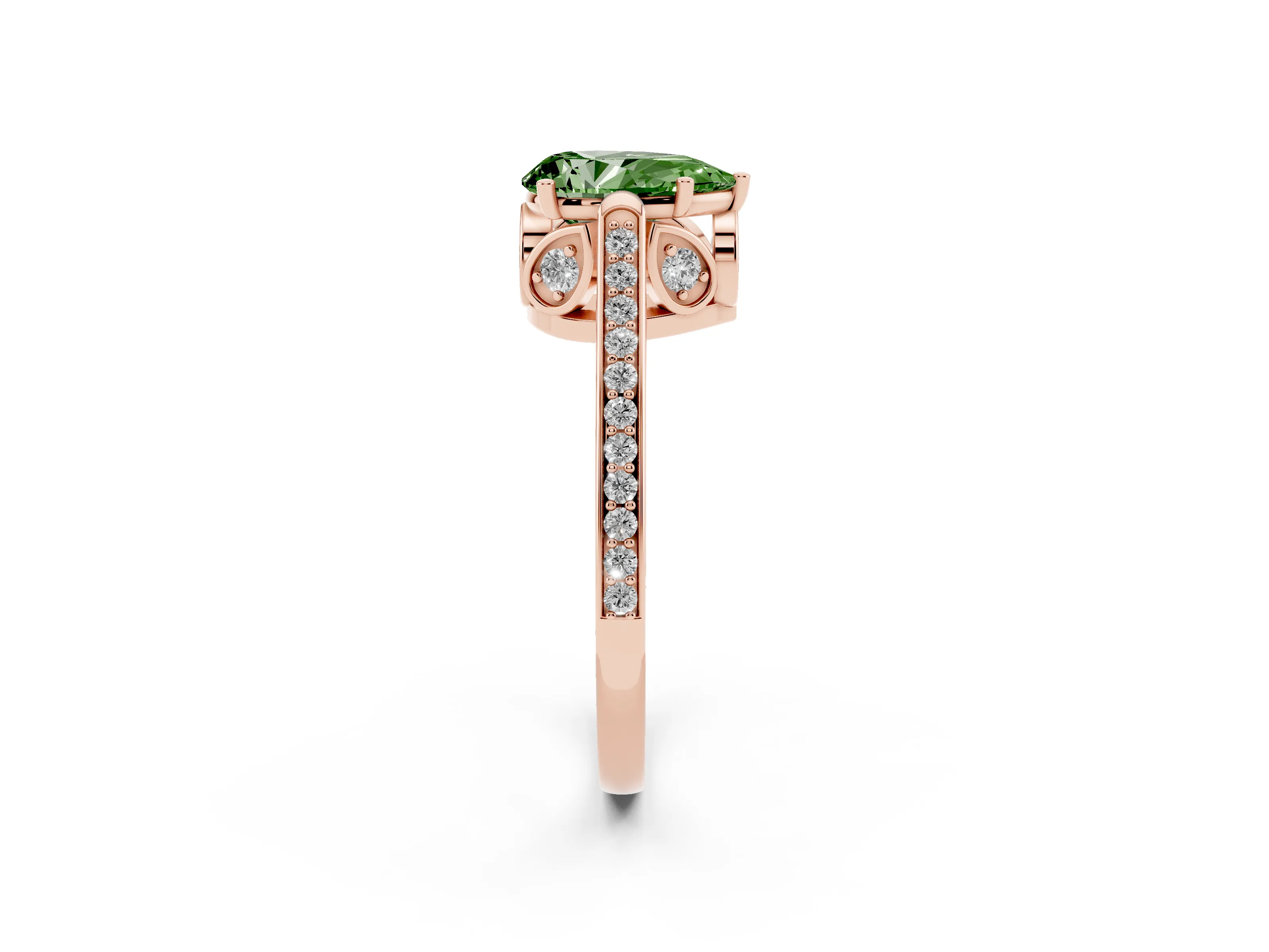 Fancy Green Pear Cut Diamond Cathedral Pavé Engagement Ring Set in Rose gold with Prong Setting