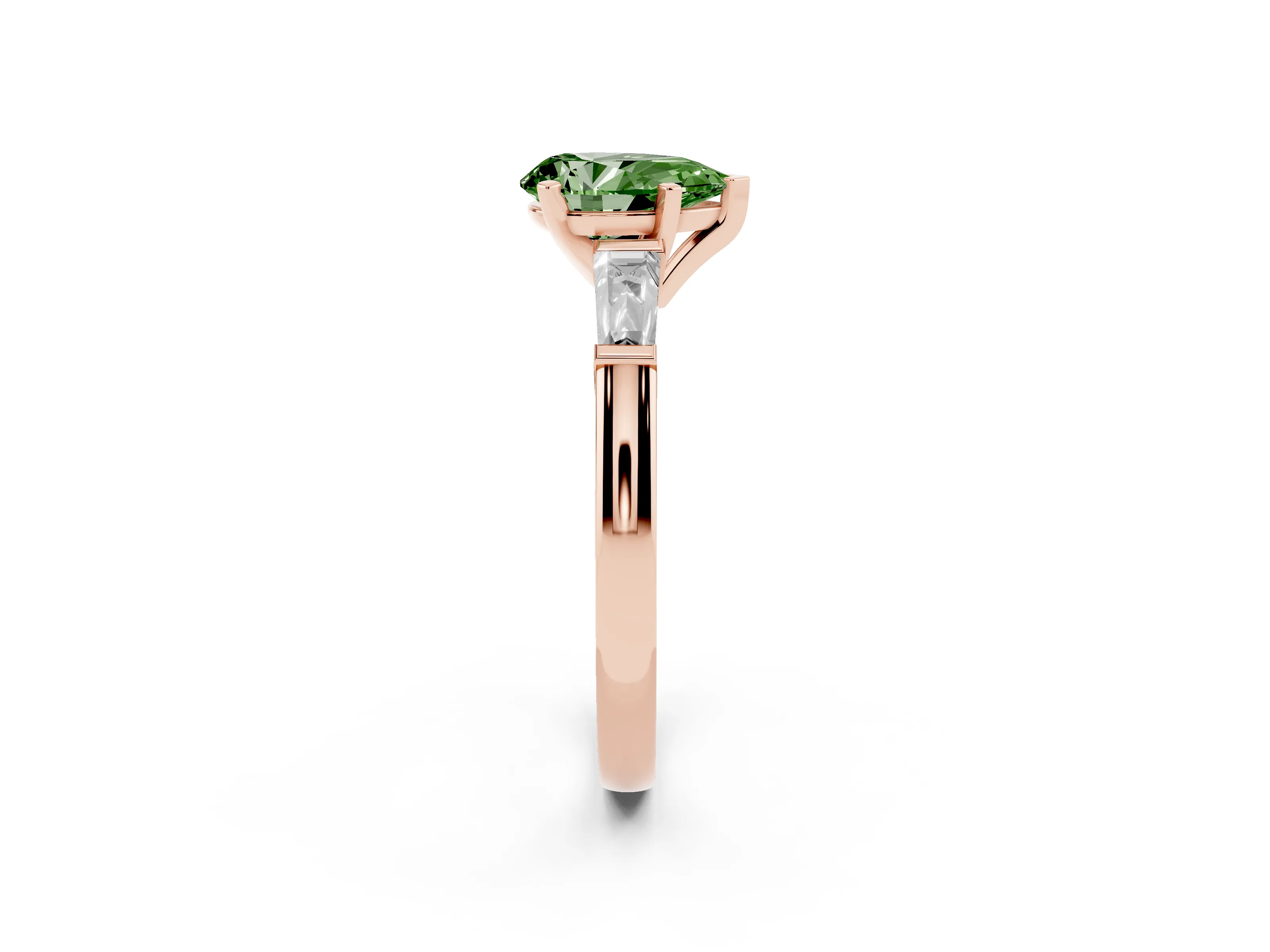 Fancy Green Pear Cut Diamond Solitaire Ring Set in Rose gold with Tapered Baguette Side Stones and Prong Setting