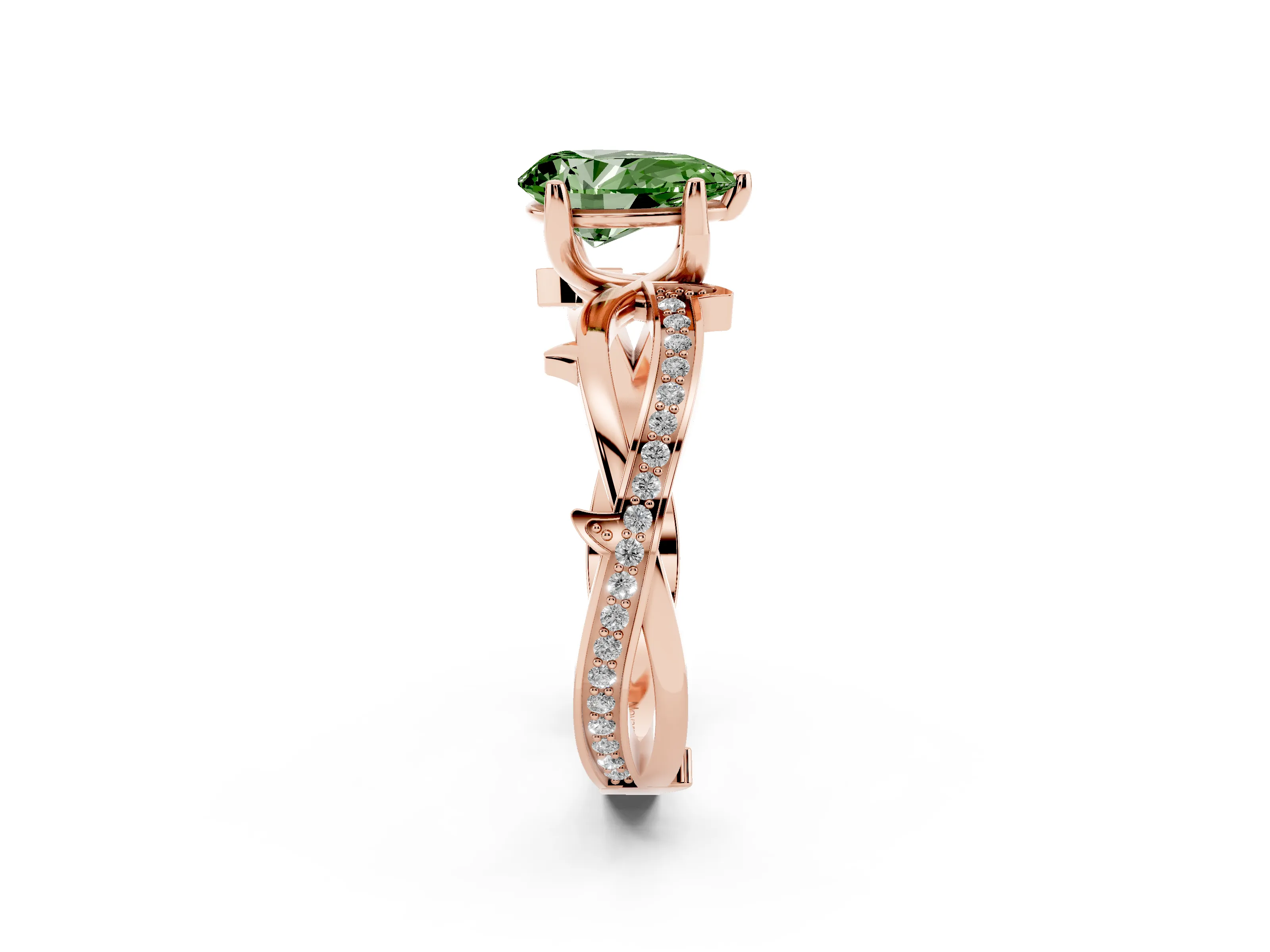 Fancy Green Pear Cut Diamond Pavé Twist Band Solitaire Ring Set in Rose gold with Prong Setting