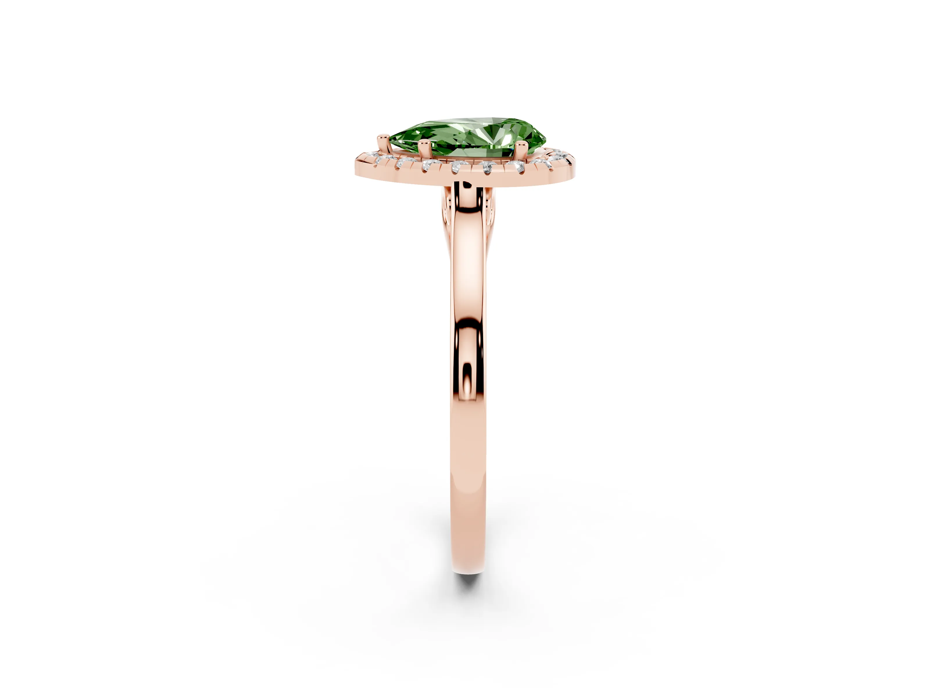 Fancy Green Pear Cut Halo Round Diamond Solitaire Ring Set in Rose gold with Pavé Band and Prong Setting