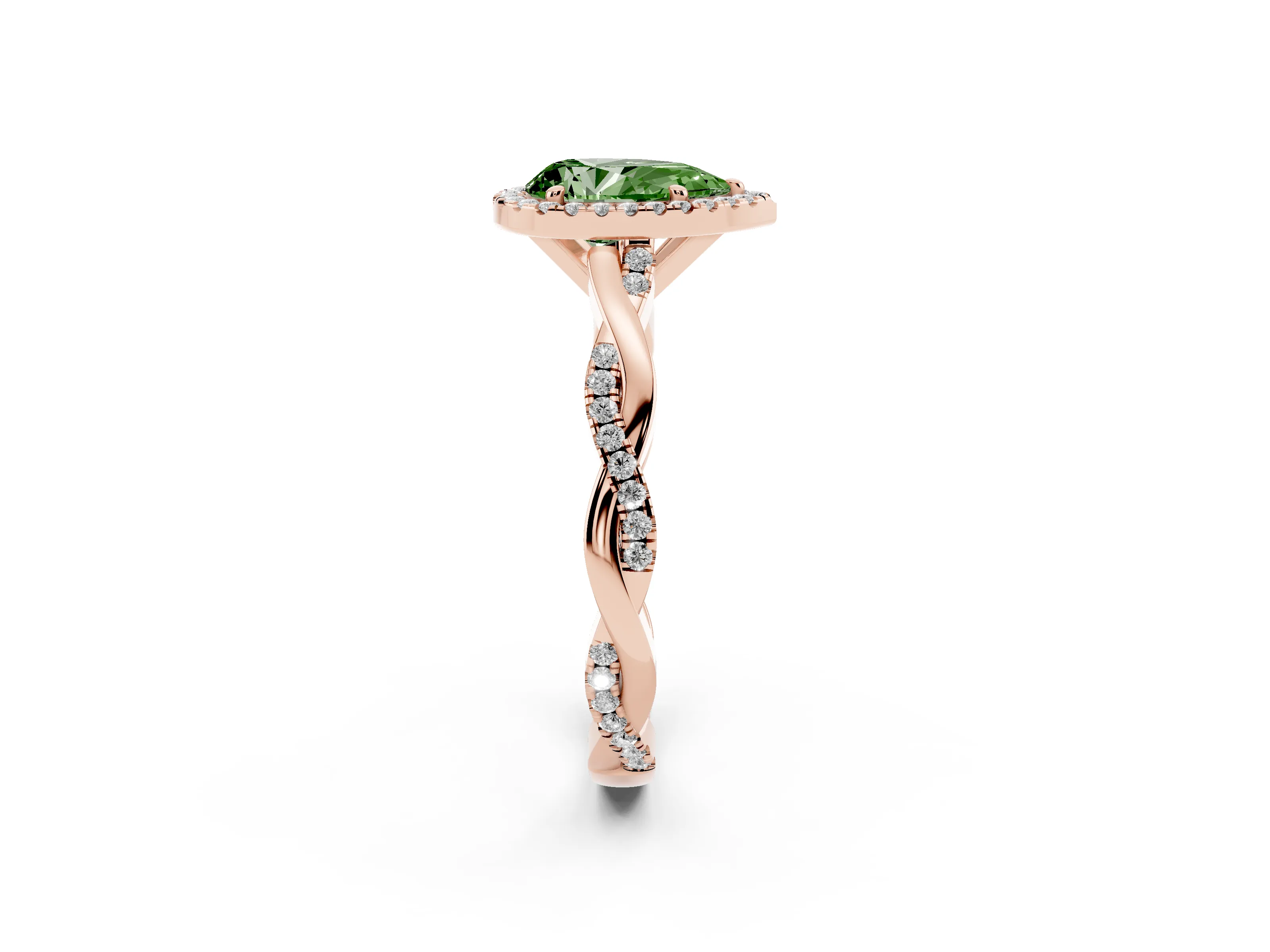 Fancy Green Pear Cut Diamond Halo Twisted Band Ring Set in Rose gold with Prong Setting